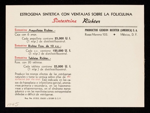 Sintestrina Richter : estrogena sintetica con ventajas sobre la foliculina ... / Gedeon Richter (América), S.A.