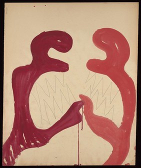 Two monsters with jagged teeth confronting each other. Watercolour by M. Bishop, 1967.