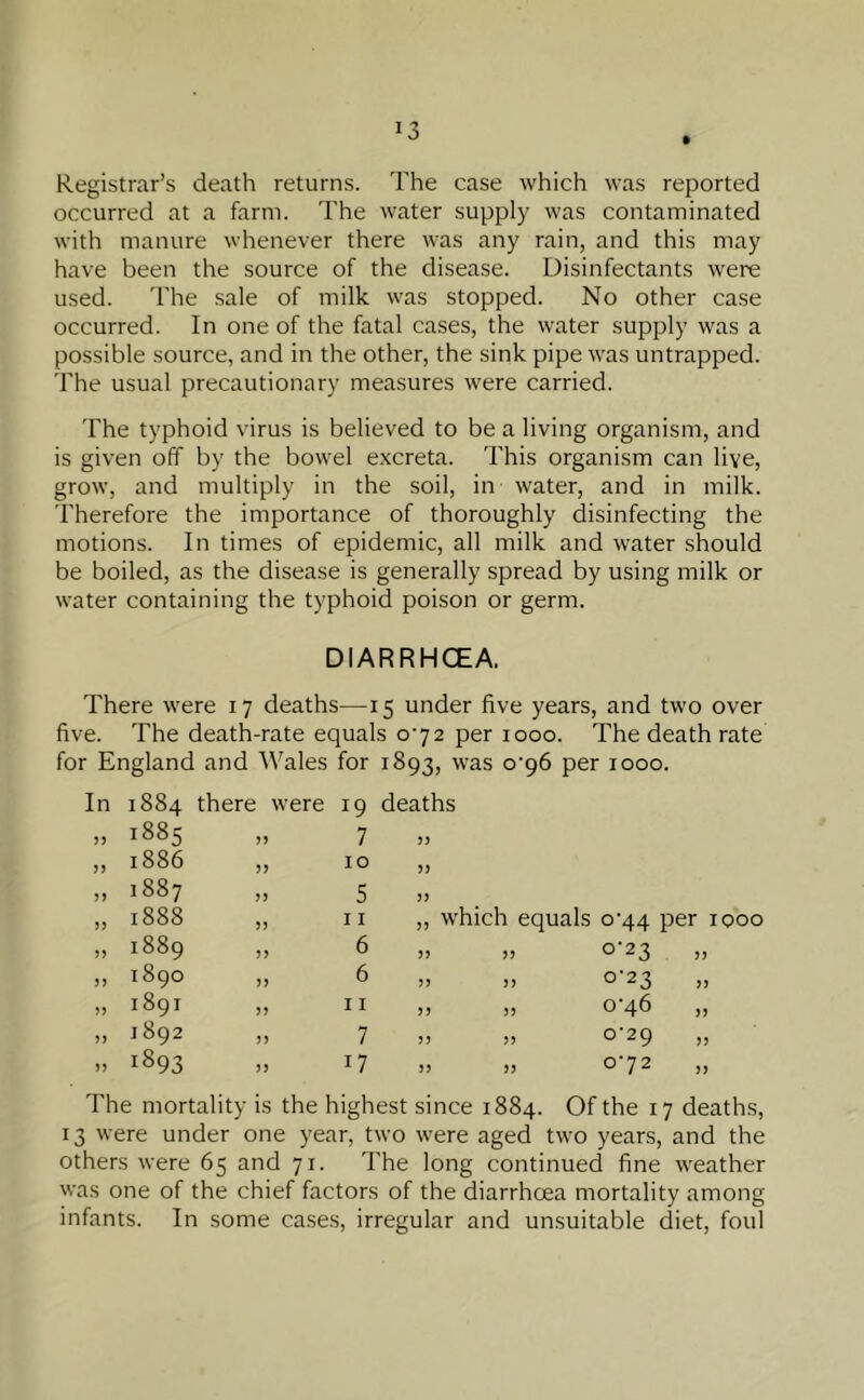 »3 Registrar’s death returns. The case which was reported occurred at a farm. The water supply was contaminated with manure whenever there was any rain, and this may have been the source of the disease. Disinfectants were used. The sale of milk was stopped. No other case occurred. In one of the fatal cases, the water supply was a possible source, and in the other, the sink pipe was untrapped. The usual precautionary measures were carried. The typhoid virus is believed to be a living organism, and is given off by the bowel excreta. This organism can live, grow, and multiply in the soil, in water, and in milk. Therefore the importance of thoroughly disinfecting the motions. In times of epidemic, all milk and water should be boiled, as the disease is generally spread by using milk or water containing the typhoid poison or germ. DIARRHOEA. There were 17 deaths—15 under five years, and two over five. The death-rate equals 072 per 1000. The death rate for England and Wales for 1893, was o'g6 per 1000. In 1884 there were 19 deaths 5 J 1885 if 7 )) >5 1886 a xo >) ff 1887 a 5 a if 1888 a 11 » w hich equals C44 per 1000 if 1889 a 6 a a 0-23 if a 1890 a 6 a a 0-23 if a 1891 a 11 a a 0^46 if a 1892 a 7 a if 0'29 if a i893 a 17 a a 072 a The mortality is the highest since 1884. Of the 17 deaths, 13 were under one year, two were aged two years, and the others were 65 and 71. The long continued fine weather was one of the chief factors of the diarrhoea mortality among infants. In some cases, irregular and unsuitable diet, foul