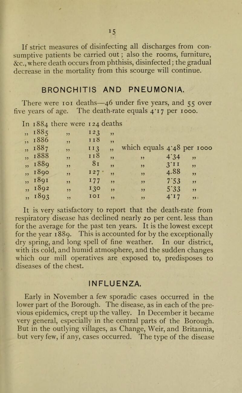 If strict measures of disinfecting all discharges from con- sumptive patients be carried out; also the rooms, furniture, &c., where death occurs from phthisis, disinfected; the gradual decrease in the mortality from this scourge will continue. BRONCHITIS AND PNEUMONIA. There were ioi deaths—46 under five years, and 55 over five years of age. The death-rate equals 4^17 per 1000. In 1884 there were 124 deaths 5) 1885 55 123 55 51 1886 55 T l8 55 55 1887 55 ”3 ,, which equals 4^48 per 1000 5 5 1888 55 118 55 55 4'34 55 55 1889 55 81 55 55 3'11 55 55 1890 55 127 55 55 4.88 55 55 1891 55 177 55 55 7 ‘53 55 55 1892 55 130 55 55 5 ‘33 55 55 1893 55 IOI 55 55 4’i7 55 It is very satisfactory to report that the death-rate from respiratory disease has declined nearly 20 per cent, less than for the average for the past ten years. It is the lowest except for the year 1889. This is accounted for by the exceptionally dry spring, and long spell of fine weather. In our district, with its cold, and humid atmosphere, and the sudden changes which our mill operatives are exposed to, predisposes to diseases of the chest. INFLUENZA. Early in November a few sporadic cases occurred in the lower part of the Borough. The disease, as in each of the pre- vious epidemics, crept up the valley. In December it became very general, especially in the central parts of the Borough. But in the outlying villages, as Change, Weir, and Britannia, but very few, if any, cases occurred. The type of the disease