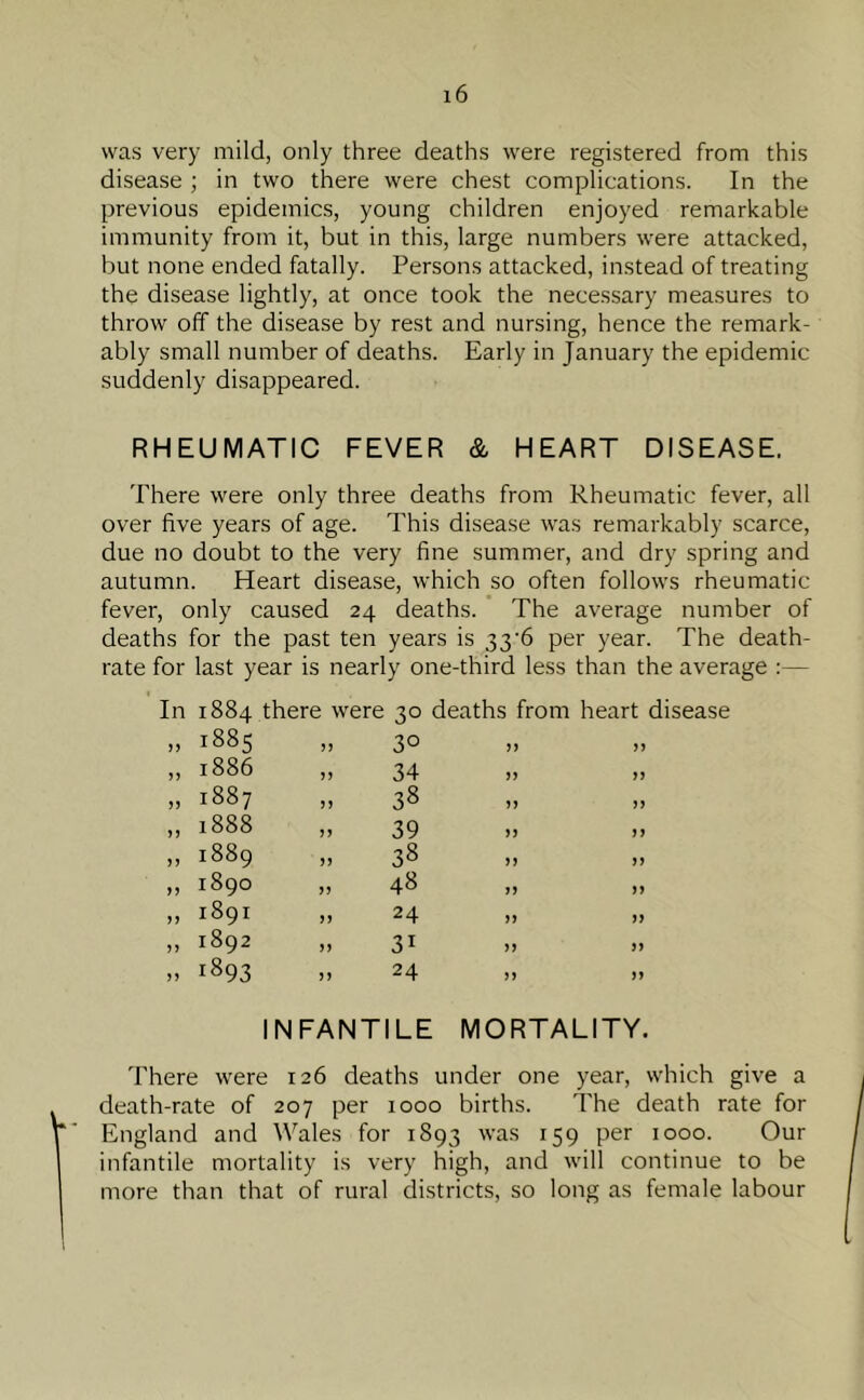 was very mild, only three deaths were registered from this disease ; in two there were chest complications. In the previous epidemics, young children enjoyed remarkable immunity from it, but in this, large numbers were attacked, but none ended fatally. Persons attacked, instead of treating the disease lightly, at once took the necessary measures to throw off the disease by rest and nursing, hence the remark- ably small number of deaths. Early in January the epidemic suddenly disappeared. RHEUMATIC FEVER & HEART DISEASE. There were only three deaths from Rheumatic fever, all over five years of age. This disease was remarkably scarce, due no doubt to the very fine summer, and dry spring and autumn. Heart disease, which so often follows rheumatic fever, only caused 24 deaths. The average number of deaths for the past ten years is 33'6 per year. The death- rate for last year is nearly one-third less than the average :— In 1884 there were 30 deaths from heart disease >> 1885 >> 3° >> >> ,, 1886 ? J 34 j) >> „ 1887 5) 38 )> i) ,, 1888 39 >> >> » i889 >> 38 „ 1890 JJ 48 )) „ 1891 >> 24 >> >) „ 1892 >> 31 »> » 1893 24 >) >» INFANTILE MORTALITY. There were 126 deaths under one year, which give a death-rate of 207 per 1000 births. The death rate for England and Wales for 1893 was 159 per 1000. Our infantile mortality is very high, and will continue to be more than that of rural districts, so long as female labour