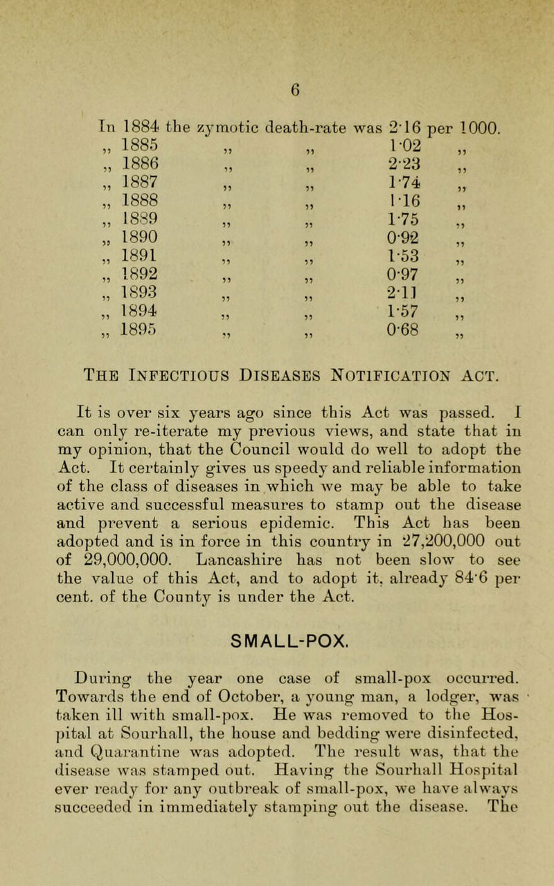 In 1884 the zymotic death-rate was 2' 16 per 1000. „ 1885 ?> 55 1-02 55 „ 1886 55 2-23 5 5 „ 1887 55 1-74 55 „ 1888 55 1T6 55 „ 1889 55 1-75 55 „ 1890 59 55 0-92 55 „ 1891 55 55 1-53 55 „ 1892 55 55 0-97 55 „ 1893 55 55 2-11 55 „ 1894 55 55 1-57 55 „ 1895 55 55 0-68 55 The Infectious Diseases Notification act. It is over six years ago since this Act was passed. I can only re-iterate my previous views, and state that in my opinion, that the Council would do well to adopt the Act. It certainly gives us speedy and reliable information of the class of diseases in which we may be able to take active and successful measures to stamp out the disease and pT’event a serious epidemic. This Act has been adopted and is in force in this country in 27,200,000 out of 29,000,000. Lancashire has not been slow to see the value of this Act, and to adopt it, ah’eady 84'6 per cent, of the County is under the Act. SMALL-POX. During the year one case of small-pox occui’red. Towards the end of October, a young man, a lodger, was taken ill with small-pox. He was removed to the Hos- pital at Sourhall, the house and bedding were disinfected, and Quaraiitine was adopted. The result was, that the disease was stamped out. Having the Sourhall Hospital ever ready for any outbreak of small-pox, we have always succeeded in immediately stamping out the disease. The