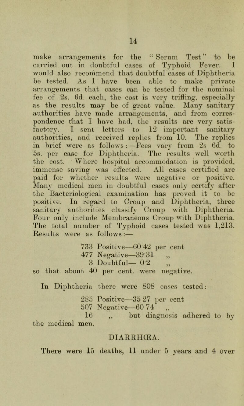 make aiTangements foi' the “ Sei’uni Test ” to be carried out in doubtful cases of Typhoid Fever. 1 would also recommend that doubtful cases of Diphtheria be tested. As I have been able to make private ari'angements that cases can be tested for the nominal fee of 2s. Gd. each, the cost is very trifling, especially as the results may be of gi’eat value. Many sanitary authorities have made arrangements, and from corres- pondence that 1 have had, the results are veiy satis- factory. I sent letters to 12 important sanitary authorities, and received replies from 10. The replies in brief were as follows:—Fees vary from 2s 6d. to 5s. per case for Dij)htheria. The j’esults well worth the cost. Where hospital accommodation is provided, immense saving was effected. All cases certified are paid for whether I'esults were negative or positive. Many medical men in doubtful cases only certify after the Bacteriological examination has proved it to be positive. In regard to Croup and Diphtheria, three sanitary authorities classify Croup with Diphtheria. Foui- only include Membraneous Croup with Diphtheria. The total number of Typhoid cases tested was 1,213. Results were as follows :— 733 Positive—60 42 per cent 477 Negative—39‘31 „ 3 Doubtful— 0'2 „ so that about 40 per cent, were negative. In Diphtheria there were 808 cases tested:— 285 Po.sitive—35 27 per cent 507 Negative—60 74 ,, 16 ,, but diagnosis adhered to by the medical men. DIARRHCEA. There were 15 deaths, 11 undei' 5 years and 4 over