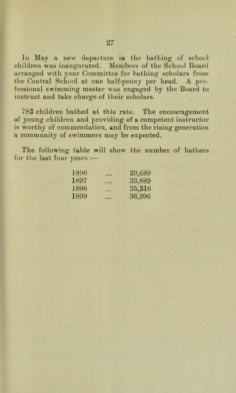 111 May a new departure in the bathing of school children was inaugurated. Members of the School Board arranged with your Committee for bathing scholars from the Central School at one half-penny per head. A pro- fessional swimming master was engaged by the Board to instruct and take charge of their scholars. 783 children bathed at this rate. The encouragement of young children and providing of a competent instructor is worthy of commendation, and from the rising genera.tiou a community of swimmers may be expected. The following table will show the number of bathers for the last four years ;— 1896 1897 1898 1899 29,689 33,889 35,316 36,996