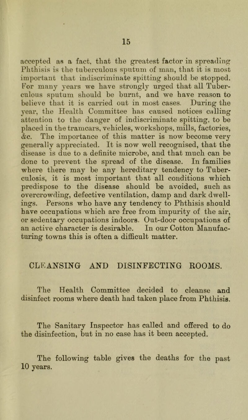 accepted as a fact, that the greatest factor in spreading Phthisis is the tuberculous sputum of man, that it is most important that indiscriminate spitting should be stopped. For many years we have strongly urged that all Tuber- culous sputum should be burnt, and we have reason to believe that it is canned out in most cases. During the year, the Health Committee has caused notices calling attention to the danger of indiscriminate spitting, to be placed in the tramcars, vehicles, workshops, mills, factories, &c. The importance of this matter is now become very generally appreciated. It is now well recognised, that the disease is due to a definite microbe, and that much can be done to prevent the spread of the disease. In families where there may be any hereditary tendency to Tuber- culosis, it is most important that all conditions which predispose to the disease should be avoided, such as overcrowding, defective ventilation, damp and dark dwell- ings. Persons who have any tendency to Phthisis should have occupations which are free from impurity of the air, or sedentary occupations indoors. Out-door occupations of an active character is desirable. In our Cotton Manufac- turing towns this is often a difficult matter. CLKANSING AND DISINFECTING ROOMS. The Health Committee decided to cleanse and disinfect rooms where death had taken place from Phthisis. The Sanitary Inspector has called and offered to do the disinfection, but in no case has it been accepted. The following table gives the deaths for the past 10 years.