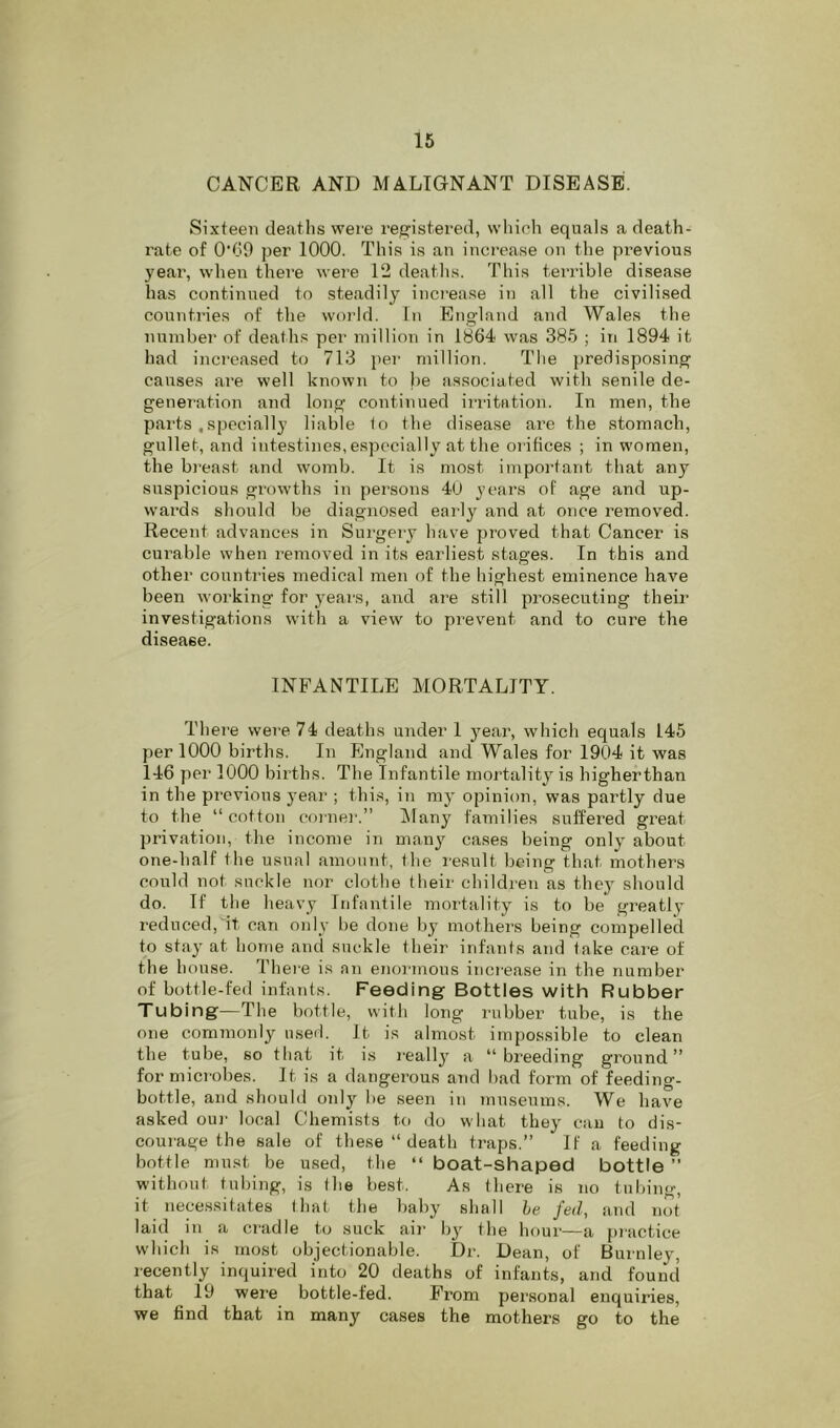 CANCER AND MALIGNANT DISEASE. Sixteen de.aths were rej^istered, which equals a death- rate of 0'60 per 1000. This is an increase on the pi’evious year, when there were 12 deaths. This terrible disease has continued to steadily increase in all the civilised countries of the world. In England and Wales the number of deaths per million in 1864 was 385 ; in 1894 it had increased to 713 jier million. Tlie predisposing causes ai’e well known to be associated with senile de- generation and long continued iiritation. In men, the parts ,specially liable lo the disease are the stomach, gullet, and intestines, especially at the orifices ; in women, the bi’east and womb. It is most important that any suspicious growths in persons 4U years of age and up- wards should be diagnosed early and at once removed. Recent advances in Surgery have proved that Cancer is curable when removed in its earliest stages. In this and other countries medical men of the highest eminence have been working for years, and are still prosecuting their investigations with a view to prevent and to cure the disease. INFANTILE MORTALITY. There were 74 deaths under 1 j'^ear, which equals 145 per 1000 births. In England and Wales for 1904 it was 146 per 1000 births. The Infantile mortality is higherthan in the previous year ; this, in 7ny opinion, was partly due to the “cotton coiuiei-.” Alany families suffered great privation, the income in man^’’ cases being only about one-half the usual amount, (he result being that mothers could not suckle nor clothe their children as thej’ should do. If the heavy Infantile mortality is to be greatly reduced, it can only be done by mothers being compelled to stay at home and suckle their infants and take care of the house. There is an enoi-mous inci’ease in the number of bottle-fed infants. Feeding Bottles with Rubber Tubing—The bottle, with long rubber tube, is the one commonly used. It is almost impossible to clean the tube, so that it is really a “breeding ground” for mici’obes. It is a dangerous and had form of feeding- bottle, and should o7ily he seen in 7nuseums. We have asked ou7' local Chemists to do what they can to dis- coiu-age the sale of these “ death traps.” If a feeding bottle must be used, the “ boat-shaped bottle ” without tuhi77g, is (he best. As there is 770 tuln'ng, it 77ecessitides (hat the baby shall he fed, a7id 7iot laid iti a ci'adle to suck air by the hou7'—a p7actice which is 7nost objectionable. Dr. Dean, of Burnley, recently inquired into 20 deaths of infants, and found that 19 were bottle-fed. From pei’sonal enquiries, we find that in many cases the mothers go to the
