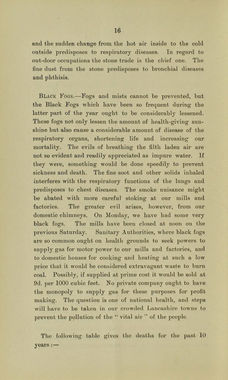 and the sudden change from the hot air inside to the cold outside predisposes to respiratory diseases. In regard to out-door occupations the stone trade is the chief one. The fine dust from the stone predisposes to bronchial diseases and phthisis. Black Fogs.—Fogs and mists cannot be prevented, but the Black Fogs which have been so frequent during the latter part of the year ought to be considerably lessened. These fogs not only lessen the amount of health-giving sun- shine but also cause a considei-able amount of disease of the respiratory organs, shortening life and increasing our mortality. The evils of breathing the filth laden air are not so evident and readily appreciated as impure water. If they were, something would be done speedily to prevent sickness and death. The fine soot and other solids inhaled interferes with the respiratory functions of the lungs and predisposes to chest diseases. The smoke nuisance might be abated with more careful stoking at our mills and factories. The greater evil arises, however, from our domestic chimneys. On Monday, we have had some very black fogs. The mills have been closed at noon on the previous Saturday. Sanitary Authorities, whei’e black fogs are so common ought on health grounds to seek powers to supply gas for motor power to our mills and factories, and to domestic houses for cooking and heating at such a low price that it would be considered extravagant waste to burn coal. Possibly, if supplied at prime cost it would be sold at 9d. per 1000 cubic feet. No private company ought to have the monopoly to supply gas for these purposes for profit making. The question is one of national health, and steps will have to be taken in our crowded Lancashire towns to pi’event the pollution of the “ vital air ” of the people. Tlie following table gives the deaths for the ])ast 10 years :—