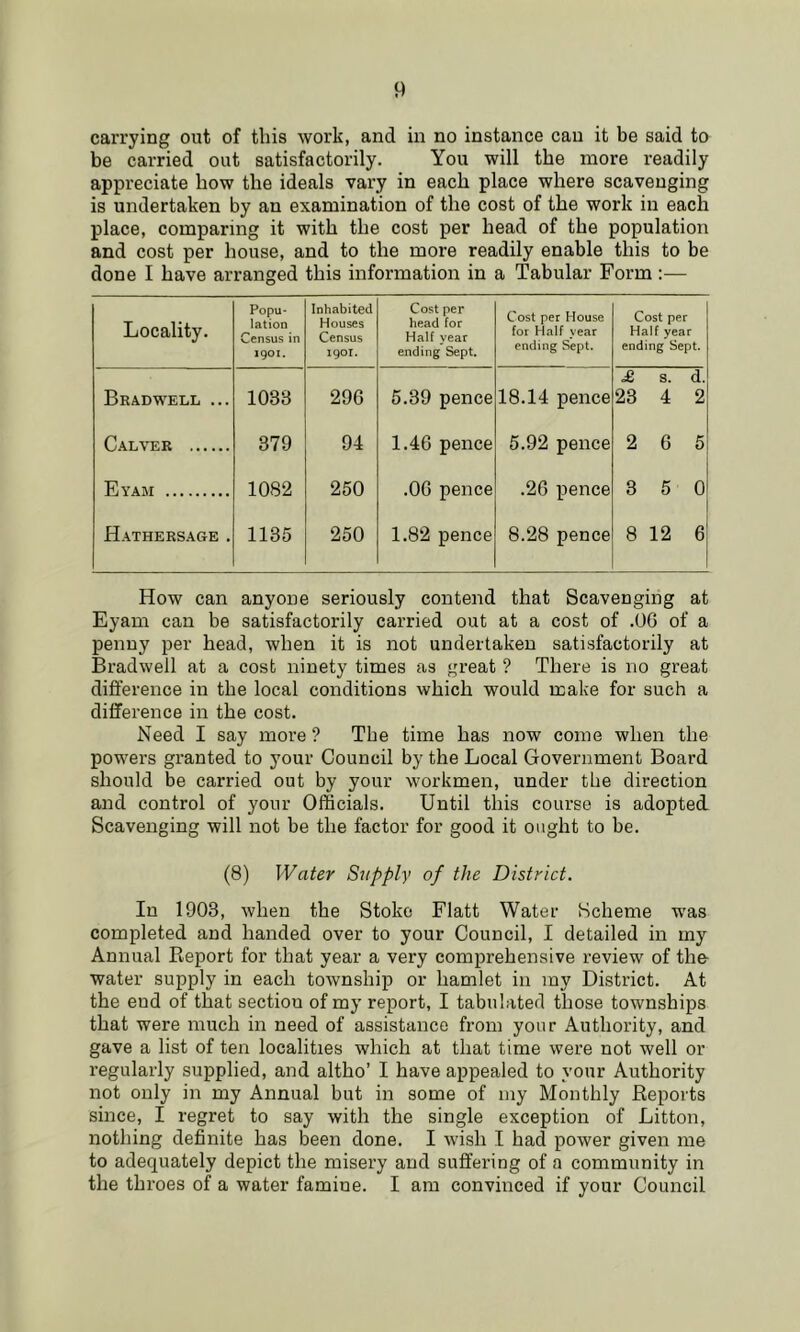carrying out of this work, and in no instance can it be said to be carried out satisfactorily. You will the more readily appreciate bow the ideals vary in each place where scavenging is undertaken by an examination of the cost of the work in each place, comparing it with the cost per head of the population and cost per house, and to the more readily enable this to be done I have arranged this information in a Tabular Form :— Locality. Popu- lation Census in 1901. Inhabited Houses Census 1901. Cost per head for Half year ending Sept. Cost per House for Half year ending Sept. Cost per Half year ending Sept. Beadwell ... 1083 296 5.39 pence 18.14 pence £ s. d. 23 4 2 Calver 379 94 1.46 pence 5.92 pence 2 6 5 Eyam 1082 250 .06 pence .26 pence 3 5 0 Hathersage . 1135 250 1.82 pence 8.28 pence 8 12 6 How can anyone seriously contend that Scavenging at Eyam can be satisfactorily carried out at a cost of .06 of a penny per head, when it is not undertaken satisfactorily at Bradwell at a cost ninety times as great ? There is no great difference in the local conditions which would make for such a difference in the cost. Need I say more ? The time has now come when the powers granted to your Council by the Local Government Board should be carried out by your workmen, under the direction and control of your Officials. Until this course is adopted Scavenging will not be the factor for good it ought to be. (8) Water Supply of the District. In 1903, when the Stoke Flatt Water Scheme was completed and handed over to your Council, I detailed in my Annual Keport for that year a very comprehensive review of the- water supply in each township or hamlet in my District. At the end of that section of my report, I tabulated those townships that were much in need of assistance from your Authority, and gave a list of ten localities which at that time were not well or regularly supplied, and altho’ I have appealed to your Authority not only in my Annual but in some of my Monthly Reports since, I regret to say with the single exception of Litton, nothing definite has been done. I wish I had power given me to adequately depict the misery and suffering of a community in the throes of a water famine. I am convinced if your Council
