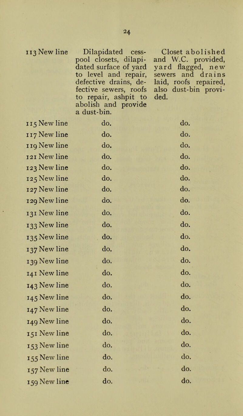 113 New line 115 New line 117 New line 119 New line 121 New line 123 New line 125 New line 127 New line 129 New line 131 New line 133 New line 135 New line 137 New line 139 New line 141 New line 143 New line 145 New line 147 New line 149 New line 151 New line 153 New line 155 New line 157 New line 159 New line Dilapidated cess- pool closets, dilapi- dated surface of yard to level and repair, defective drains, de- fective sewers, roofs to repair, ashpit to abolish and provide a dust-bin. do. do. do. do. do. do. do. do. do. do. do. do. do. do. do. do. do. do. do. do. do. do. Closet abolished and W.C. provided, yard flagged, new sewers and drains laid, roofs repaired, also dust-bin provi- ded. do. do. do. do. do. do. do. do. do. do. do. do. do. do. do. do. do. do. do. do. do. do.