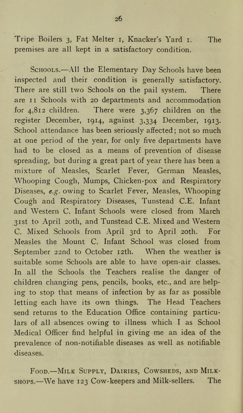 Tripe Boilers 3, Fat Melter 1, Knacker’s Yard 1. The premises are all kept in a satisfactory condition. Schools.—All the Elementary Day Schools have been inspected and their condition is generally satisfactory. There are still two Schools on the pail system. There are 11 Schools with 20 departments and accommodation for 4,812 children. There were 3,367 children on the register December, 1914, against 3,334 December, 1913. School attendance has been seriously affected; not so much at one period of the year, for only five departments have had to be closed as a means of prevention of disease spreading, but during a great part of year there has been a mixture of Measles, Scarlet Fever, German Measles, AVhooping Cough, Mumps, Chicken-pox and Respiratory Diseases, e.g. owing to Scarlet Fever, Measles, Whooping Cough and Respiratory Diseases, Tunstead C.E. Infant and Western C. Infant Schools were closed from March 31st to April 20th, and Tunstead C.E. Mixed and Western C. Mixed Schools from April 3rd to April 20th. For Measles the Mount C. Infant School was closed from September 22nd to October 12th. When the weather is suitable some Schools are able to have open-air classes. In all the Schools the Teachers realise the danger of children changing pens, pencils, books, etc., and are help- ing to stop that means of infection by as far as possible letting each have its own things. The Head Teachers send returns to the Education Office containing particu- lars of all absences owing to illness which I as School Medical Officer find helpful in giving me an idea of the prevalence of non-notifiable diseases as well as notifiable diseases. Food.—Milk Supply, Dairies, Cowsheds, and Milk- shops.—We have 123 Cow-keepers and Milk-sellers. The