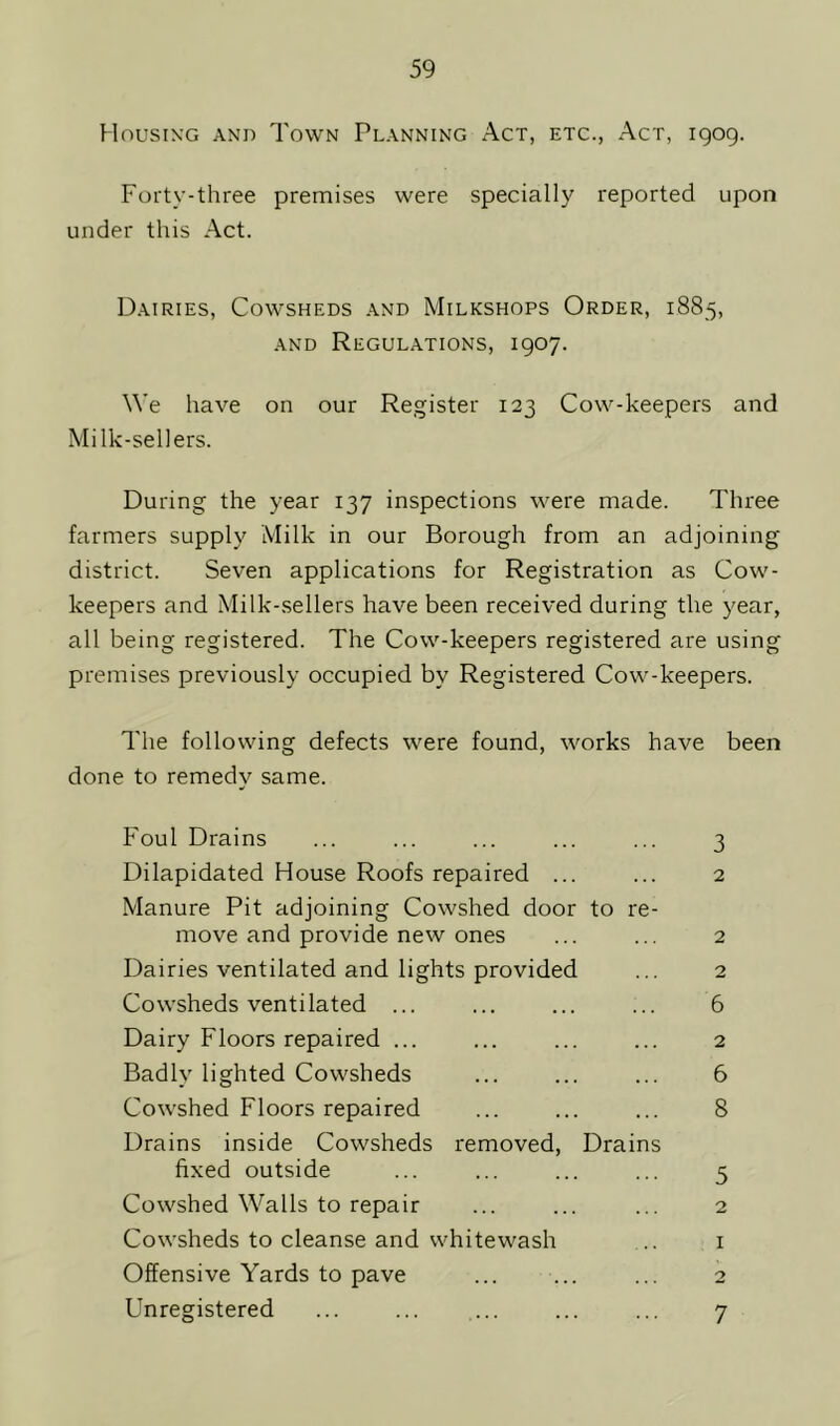 Housing and Town Planning Act, etc., Act, igog. Forty-three premises were specially reported upon under this Act. Dairies, Cowsheds and Milkshops Order, 1885, and Regulations, igoy. We have on our Register 123 Cow-keepers and Milk-sellers. During the year 137 inspections were made. Three farmers supply Milk in our Borough from an adjoining district. Seven applications for Registration as Cow- keepers and Milk-sellers have been received during the year, all being registered. The Cow-keepers registered are using premises previously occupied by Registered Cow-keepers. The following defects were found, works have been done to remedy same. Foul Drains ... ... ... ... ... 3 Dilapidated House Roofs repaired ... ... 2 Manure Pit adjoining Cowshed door to re- move and provide new ones ... ... 2 Dairies ventilated and lights provided ... 2 Cowsheds ventilated ... ... ... ... 6 Dairy Floors repaired ... ... ... ... 2 Badly lighted Cowsheds ... ... ... 6 Cowshed Floors repaired ... ... ... 8 Drains inside Cowsheds removed, Drains fixed outside ... ... ... ... 5 Cowshed Walls to repair ... ... ... 2 Cowsheds to cleanse and whitewash .. 1 Offensive Yards to pave ... ... ... 2 Unregistered ... ... ... 7