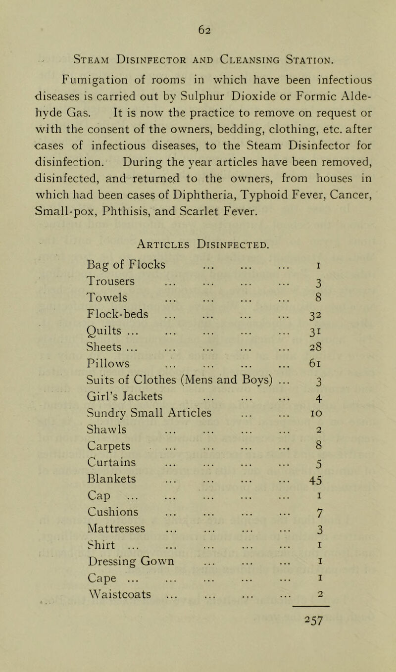 Steam Disinfector and Cleansing Station. Fumigation of rooms in which have been infectious diseases is carried out by Sulphur Dioxide or Formic Alde- hyde Gas. It is now the practice to remove on request or with the consent of the owners, bedding, clothing, etc. after cases of infectious diseases, to the Steam Disinfector for disinfection. During the year articles have been removed, disinfected, and returned to the owners, from houses in which had been cases of Diphtheria, Typhoid Fever, Cancer, Small-pox, Phthisis, and Scarlet Fever. Articles Disinfected. Bag of Flocks 1 Trousers 3 Towels 8 Flock-beds ... 32 Quilts ... ... 31 Sheets ... ... 28 Pillows 61 Suits of Clothes (Mens and Boys) 3 Girl’s Jackets 4 Sundry Small Articles 10 Shawls 2 Carpets 8 Curtains 5 Blankets ••• 45 Cap 1 Cushions 7 Mattresses 3 Shirt ... 1 Dressing Gown 1 Cape ... 1 Waistcoats 2 257