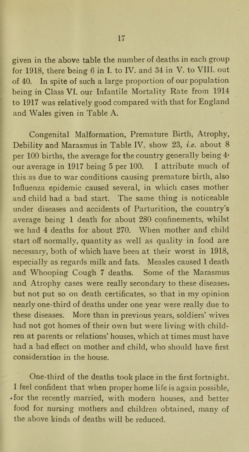given in the above table the number of deaths in each group for 1918, there being 6 in I. to IV. and 34 in V. to VIII. out of 40. In spite of such a large proportion of our population being in Class VI. our Infantile Mortality Rate from 1914 to 1917 was relatively good compared with that for England and Wales given in Table A. Congenital Malformation, Premature Birth, Atrophy, Debility and Marasmus in Table IV. show 23, i.e. about 8 per 100 births, the average for the country generally being 4> our average in 1917 being 5 per 100. I attribute much of this as due to war conditions causing premature birth, also Influenza epidemic caused several, in which cases mother and child had a bad start. The same thing is noticeable under diseases and accidents of Parturition, the country’s average being 1 death for about 280 confinements, whilst we had 4 deaths for about 270. When mother and child start off normally, quantity as well as quality in food are necessary, both of which have been at their worst in 1918, especially as regards milk and fats. Measles caused 1 death and Whooping Cough 7 deaths. Some of the Marasmus and Atrophy cases were really secondary to these diseases, but not put so on death certificates, so that in my opinion nearly one-third of deaths under one year were really due to these diseases. More than in previous years, soldiers’ wives had not got homes of their own but were living with child- ren at parents or relations’ houses, which at times must have had a bad effect on mother and child, who should have first consideration in the house. One-third of the deaths took place in the first fortnight. I feel confident that when proper home life is again possible, • for the recently married, with modern houses, and better food for nursing mothers and children obtained, many of the above kinds of deaths will be reduced.
