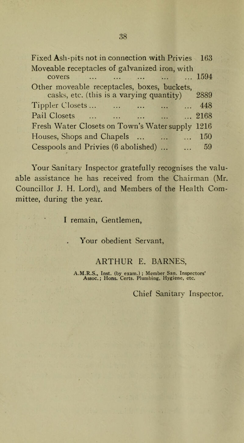 Fixed Ash-pits not in connection with Privies 163 Moveable receptacles of galvanized iron, with covers ... ... ... ... ... 1594 Other moveable receptacles, boxes, buckets, casks, etc. (this is a varying quantity) 2889 Tippler Closets... ... ... ... ... 448 Pail Closets ... ... 2168 Fresh Water Closets on Town’s Water supply 1216 Houses, Shops and Chapels ... ... ... 150 Cesspools and Privies (6 abolished) ... ... 59 Your Sanitary Inspector gratefully recognises the valu- able assistance he has received from the Chairman (Mr. Councillor J. H. Lord), and Members of the Health Com- mittee, during the year. I remain. Gentlemen, Your obedient Servant, ARTHUR E. BARNES, A.M.R.S., Inst, (by exam.) ; Member San. Inspectors’ Assoc.; Hons. Certs. Plumbing, Hygiene, etc. Chief Sanitary Inspector.