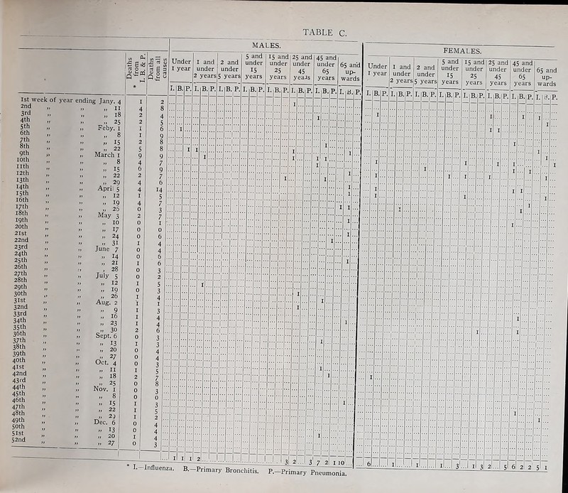 TABLE C. 1st week of 2nd 3rd 4th 5th 6th 7th 8th 9th loth nth I2th 13th 14th 15th I6th 17th I8th 19th 20th 2Ist 22nd 23rd 24 th 25th 26th 27th 28th 29th 30th 31st 32nd 33rd 34th 35th 36th 37th 38th 39th 40th 41st 42nd 43fd 44th 45th 46th 47th 48th 49th 50th 51st 52nd year ending Jany. 4 » l8 » 25 Feby. i » 8 » 15 » 22 March I 8 » 15 » 22 „ 29 April 5 „ 12 » 19 » 26 May 3 10 » 17 ,, 24 T» 31 June 7 „ 14 21 , 28 July 5 12 » 19 » 26 Aug. 2 » 9 16 „ 23 30 Sept. 6 „ 13 » 20 ,, 27 Oct. 4 II » 18 M 25 Nov. I „ 8 » 15 „ 22 » 29 I Dec. 6 I 7. 13 I 20 I .7 27 : Eoa « E 2 2 8 4 5 6 9 8 8 9 7 9 7 6 14 5 7 3 7 1 0 6 4 4 6 6 3 2 5 3 4 I 3 4 4 6 3 3 4 4 3 5 7 8 3 0 3 5 2 4 4 4 3 MALES. Under I year I. B. P. I and under 2 and under 2 years 5 years 1. B, I. B. P. 5 and under 15 years I. B. P, 15 and under 25 years L B. P. 25 and under 45 yeaJs I. B. P. I.—Influenza. 45 and under 65 years I. B. P. I. I I.. 65 and up- wards B. P. Under I and I year under 2 years s' 7 2I 110',.. B.-Primary Bronchitis. P.-Primary Pneumonia. 2 and under 5 years I. B. P. I. B. P, ...I 6 .1... females. 5 and 15 and 25 and 45 and under under under under 15 25 45 65 years years years years I. B. P. .1 I I. B. P. I. B.IP. 13'...r 65 and up- wards 2I2 5I I