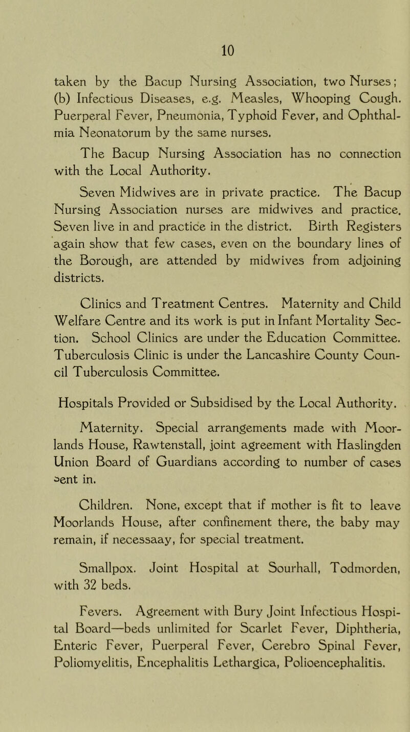 taken by the Bacup Nursing Association, two Nurses; (b) Infectious Diseases, e.g. Measles, Whooping Cough. Puerperal Fever, Pneumonia, Typhoid Fever, and Ophthal- mia Neonatorum by the same nurses. The Bacup Nursing Association has no connection with the Local Authority. Seven Midwives are in private practice. The Bacup Nursing Association nurses are midwives and practice. Seven live in and practice in the district. Birth Registers again show that few cases, even on the boundary lines of the Borough, are attended by midwives from adjoining districts. Clinics and Treatment Centres. Maternity and Child Welfare Centre and its work is put in Infant Mortality Sec- tion. School Clinics are under the Education Committee. Tuberculosis Clinic is under the Lancashire County Coun- cil Tuberculosis Committee. Hospitals Provided or Subsidised by the Local Authority. Maternity. Special arrangements made with Moor- lands House, Rawtenstall, joint agreement with Haslingden Union Board of Guardians according to number of cases ^ent in. Children. None, except that if mother is fit to leave Moorlands House, after confinement there, the baby may remain, if necessaay, for special treatment. Smallpox. Joint Hospital at Sourhall, Todmorden, with 32 beds. Fevers. Agreement with Bury Joint Infectious Hospi- tal Board—beds unlimited for Scarlet Fever, Diphtheria, Enteric Fever, Puerperal Fever, Cerebro Spinal Fever, Poliomyelitis, Encephalitis Lethargica, Polioencephalitis.