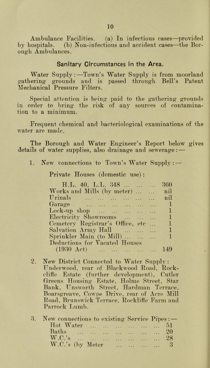 Ambulance Facilities. (a) In infectious cases—provided by hospitals. (b) Non-infections and accident cases—the Bor- ough Ambulances. Sanitary Circumstances in the Area. Water Supply:—Town’s Water Supply is from moorland gathering grounds and is passed through Bell’s Patent Mechanical Pressure Filters. Sjiecial attention is being paid to the gathering grounds in order to 1)ring the risk of any sources of contamina- tion to a minimum. Frequent chemical and bacteriological examinations of the water are made. The Borough and Water Engineer’s Eeport below gives details of water supplies, also drainage and sewerage: — 1. New connections to Town’s Water Supply: — Private Houses (domestic use): H.L. 40, L.L. d4S 360 Works and Mills (by meter) nil Frinals nil Garage 1 Tjock-up shop 1 Electricity Showrooms 1 Cemetery Pegistrar’s Office, etc ... 1 Salvation Army Hall 1 Sprinkler ^lain (to iMill) 1 Deductions for Vacated Houses (1900 Act) 149 2. New District Connected to Water Suijply : Underwood, rear of Blackwood Poad, Pock- clift'e Estate (further development'). Cutler Greens Housing Estate, Holme Street, Star Bank, T^nswoi-th Street, Hardman Terrace, Boarsgreave, Cow)ie Drive, rear of Acre iMill Poad, Brunswick Terrace, Pockliffe Farm and Parrock liumb. New connections to existing Service Pipes: — Hot AVater bl Baths 20 W.C.’s 28 AA^.C.’s (by .Meter 3 3.