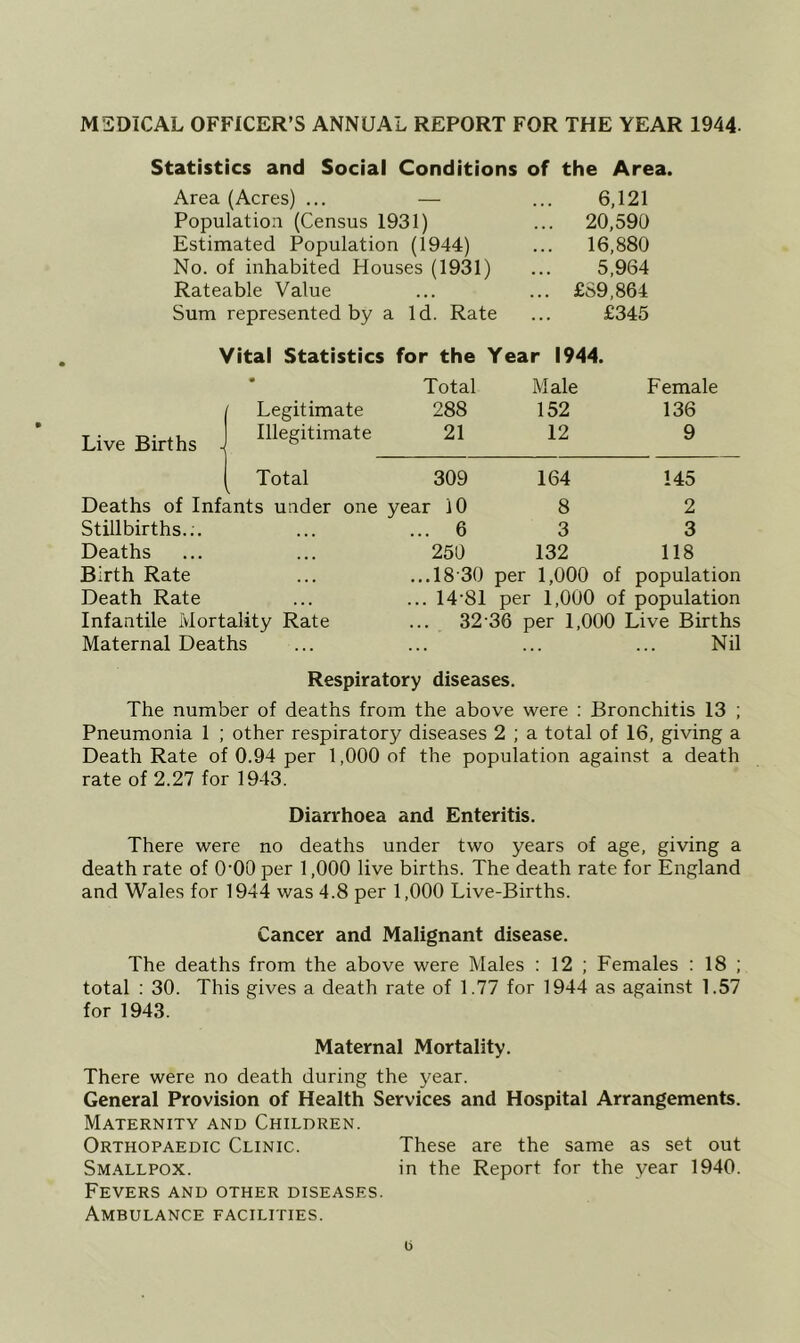 M3D1CAL OFFICER’S ANNUAL REPORT FOR THE YEAR 1944- Statistics and Social Conditions of the Area. Area (Acres) ... — ... 6,121 Population (Census 1931) ... 20,590 Estimated Population (1944) ... 16,880 No. of inhabited Houses (1931) ... 5,964 Rateable Value ... ... £89,864 Sum represented by a Id. Rate ... £345 Vital Statistics for the Year 1944. « Total Male Female Legitimate 288 152 136 Live Births Illegitimate 21 12 9 1 Total 309 164 145 Deaths of Infants under one year 10 8 2 Stillbirths.;. • • • ... 6 3 3 Deaths ■ • • 250 132 118 Birth Rate • « • ...18-30 per 1,000 of population Death Rate . . . ... 14-81 per 1,000 of population Infantile Mortality Rate 32-36 per 1,000 Live Births Maternal Deaths • • • ... Nil Respiratory diseases. The number of deaths from the above were : Bronchitis 13 ; Pneumonia 1 ; other respiratory diseases 2 ; a total of 16, giving a Death Rate of 0.94 per 1,000 of the population against a death rate of 2.27 for 1943. Diarrhoea and Enteritis. There were no deaths under two years of age, giving a death rate of O'OO per 1,000 live births. The death rate for England and Wales for 1944 was 4.8 per 1,000 Live-Births. Cancer and Malignant disease. The deaths from the above were Males ; 12 ; Females : 18 ; total ; 30. This gives a death rate of 1.77 for 1944 as against 1.57 for 1943. Maternal Mortality. There were no death during the year. General Provision of Health Services and Hospital Arrangements. Maternity and Children. Orthopaedic Clinic. These are the same as set out Smallpox. in the Report for the year 1940. Fevers and other diseases. Ambulance facilities. b