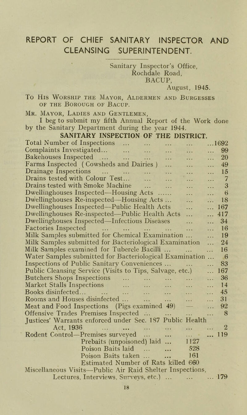 REPORT OF CHIEF SANITARY INSPECTOR AND CLEANSING SUPERINTENDENT. Sanitary Inspector’s Office, Rochdale Road, BACUP, August, 1945. To His Worship the Mayor, Aldermen and Burgesses OF THE Borough of Bacup. Mr. Mayor, Ladies and Gentlemen, I beg to submit my fifth Annual Report of the Work done by the Sanitary Department during the year 1944. SANITARY INSPECTION OF THE DISTRICT. Total Number of Inspections ... ... ... ... ...1692 Complaints Investigated... ... ... ... ... ... 99 Bakehouses Inspected ... ... ... ... ... ... 20 Farms Inspected ( Cowsheds and Dairies ) ... ... ... 49 Drainage Inspections ... ... ... ... ... ... 15 Drains tested with Colour Test... ... ... ... ... 7 Drains tested with Smoke Machine ... ... ... ... 3 Dwellinghouses Inspected—Housing Acts ... ... 6 Dwellinghouses Re-inspected—Housing Acts ... ... ... 18 Dwellinghouses Inspected—Public Health Acts ... ... 167 Dwellinghouses Re-inspected—Public Health Acts ... ... 417 Dwellinghouses Inspected—Infectious Diseases ... ... 34 Factories Inspected ... ... ... ... ... ... 16 Milk Samples submitted for Chemical Examination ... ... 19 Milk Samples submitted for Bacteriological Examination ... 24 Milk Samples examined for Tubercle Bacilli ... ... ... 16 Water Samples submitted for Bacteriological Examination ... 6 Inspections of Public Sanitary Conveniences ... ... ... 83 Public Cleansing Service (Visits to Tips, Salvage, etc.) ... 167 Butchers Shops Inspections ... ... ... ... ... 36 Market Stalls Inspections ... ... ... ... ... 14 Books disinfected... ... ... ... ... ... ... 45 Rooms and Houses disinfected ... ... ... ... ... 31 Meat and Pood Inspections (Pigs examined 49) — ... 92 Offensive Trades Premises Inspected ... ... ... ... 8 Justices’ Warrants enforced under Sec. 187 Public Health Act, 1936 2 Rodent Control—Premises surveyed ... ... ... ... 119 Prebaits (unpoisoned) laid ... 1127 Poison Baits laid ... ... 528 Poison Baits taken ... ... 161 Estimated Number of Rats killed 660 Miscellaneous Visits—Public Air Raid Shelter Inspections, Lectures, Interviews, Surveys, etc.) ... ... ... 179