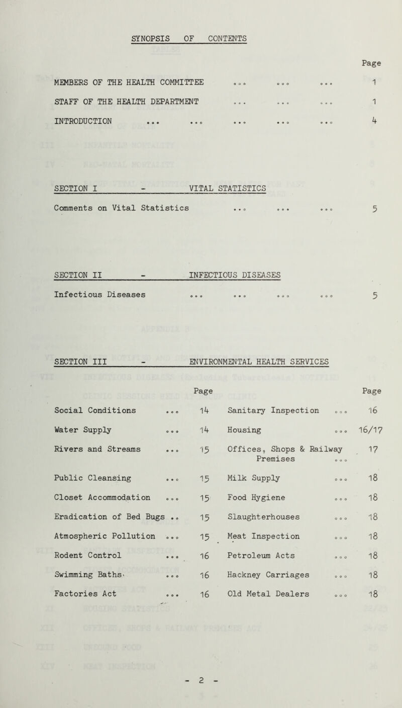 SYNOPSIS OF CONTENTS MEMBERS OF THE HEALTH COMMITTEE Page 1 STAFF OF THE HEALTH DEPARTMENT 1 INTRODUCTION 4 SECTION I - VITAL STATISTICS Comments on Vital Statistics 5 SECTION II INFECTIOUS DISEASES Infectious Diseases o.» .ao «oo 5 SECTION III - ENVIRONMENTAL HEALTH SERVICES Page Page Social Conditions 14 Sanitary Inspection 000 16 Water Supply- 14 Housing 000 16/17 Rivers and Streams 15 Offices, Shops 8c Railway Premises «0» 17 Public Cleansing ..0 15 Milk Supply 000 18 Closet Accommodation 000 15 Food Hygiene 000 18 Eradication of Bed Bugs .« 13 Slaughterhouses 000 18 Atmospheric Pollution 0.0 '■5 Meat Inspection 000 18 Rodent Control ..0 16 Petroleum Acts 000 18 Swimming Baths« .»o 16 Hackney Carriages 000 18 Factories Act 16 Old Metal Dealers 000 18