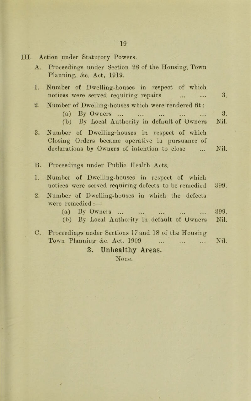 III. Action under Statutory Powers. A. Proceeding's under Section 28 of the Housing, Town Planning, <fcc. Act, 1919. 1. Number of Dwelling-houses in respect of which notices were served requiring repairs ... ... 3 2. Number of Dwelling-houses which were rendered fit: (a) By Owners ... ... ... ... ... 3 (b; By Local Authority in default of Owners Nil 3. Number of Dwelling-houses in respect of which Closing Orders became operative in pursuance of declarations by Owners of intention to close ... Nil B. Proceedings under Public Health Acts. 1. Number of Dwelling-houses in respect of which notices were served requiring defects to be remedied 399 2. Number of Dwelling-houses in which the defects were remedied :— (a) By Owners ... ... ... ... ... 399 (b) By Local Authority in default of Owners Nil C. Proceedings under Sections 17 and 18 of the Housing Town Planning &c. Act, 1909 ... ... ... Nil 3. Unhealthy Areas. None.