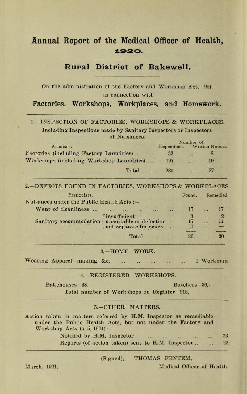 Annual Report of the Medical Officer of Health, i920. Rural District of Bakewell. On the administration of the Factory and Workshop Act, 1901, in connection with Factories, Workshops, Workplaces, and Homework. 1.—INSPECTION OF FACTORIES, WORKSHOPS & WORKPLACES. Including Inspections made by Sanitary Inspectors or Inspectors of Nuisances. Number of Premises. Inspections. Written Notices. Factories (including Factory Laundries) 33 ... 8 Workshops (including Workshop Laundries) ... 197 ... 19 Total ... 230 ... 27 2.—DEFECTS FOUND IN FACTORIES, WORKSHOPS & WORKPLACES Particulars. Pound. Remedied. Nuisances under the Public Health Acts :— Want of cleanliness 17 17 r insufficient 3 2 Sanitary accommodations unsuitable or defective ... 15 11 ( not separate for sexes 1 — Total 36 30 3.-HOME WORK. Wearing Apparel—making, &c 1 Workman 4.-REGISTERED WORKSHOPS. Bakehouses—38. Butchers—36.- Total number of Workshops on Register—218. 5.—OTHER MATTERS. Action taken in matters referred by H.M. Inspector as remediable under the Public Health .\cts, but not under the Factory and Workshop Acts (s. 5, 1901) :— Notified by H.M. Inspector 23 Reports (of action taken) sent to H.M. Inspector 23 (Signed), THOMAS FENTEM, Medical Oflicer of Health. March, 1921.