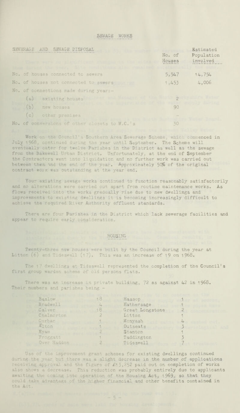SEWAGE WORKS SEWEKAGE ADD SEWAGE DISPOSAL No# of Houses Estimated Population involved No# of houses connected to sewers 5,547 14,7.54 No# of .houses not connected to sewers 1,453 4,006 No# of connections made during years- (a) existing houses 2 (b) new houses 90 (c) other premises - No# of conversions of >ther slosets to W#C#s 30 Work or the Ovancil5 ■ Southern Area Sewerage Schemes whic , commenced in July 19685 continued during the year until September» The Scheme will eventually cater for twelve Parishes in the District as well as the sewage from the Bakewei1 Urban District# Unfortunatelys at the end of September the Contractors went into liquidation and no further work was carried out between then and the end of the year# Approximately 5Q& of the original contract wox-k: was outstanding at the year end# You? existing sewage works continued to function reasonably satisfactorily and no alterations were carried out apart from routine maintenance works# As flows received into the works gradually rise due to new dwellings and improvements to existing dwellings it is becoming increasingly difficult to achieve the required River Authority effluent standards# There are four Parishes in the District which lack sewerage facilities end appear to require early consideration# HOUSING Twenty-three new houses were built by the Council during the year at Litton (6) and Tideswell (1 ?). This was an increase of 19 on 1968# The ■ 7 dwellings at Tideswell represented the completion of the Council5s first, group warden scheme of old. persons flats# There was an increase in pr ite building9 72 as against 42 in 1968. Their numbers and parishes being - Basic w 18 Bradwell 4 Calver 18 Chelmorton 2 Curbar 1 Elton 1 Eyam 2 Froggatt 1 Over Haddon 2 Hassop 1 Hathersage 1 Great Longstone 2 Litton 1 Monyash 4 Outseats 3 Stanton 1 Tadding ton 3 Tideswell 7 Use if the improvement grant schemes for existing dwellings continued during the year : t ere was a slight decrease in the number of applications ind the figure of £13,252 paid out on completion of works iecrease# This red ras probably entirely due to applicants awaiting the coming into operation of the Housing Acts 1969» so that they could rake advantage of the higher financial and other benefits contained in the Act#