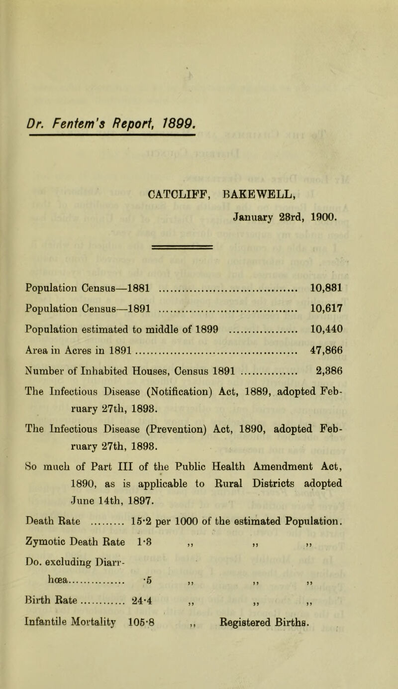 Dr. Fenfem's Report, 1899 CATCLIPF, BAKEWELL, January 28rd, 1900. Population Census—1881 10,881 Population Census—1891 10,617 Population estimated to middle of 1899 10,440 Area in Acres in 1891 47,866 Number of Inhabited Houses, Census 1891 2,386 The Infectious Disease (Notification) Act, 1889, adopted Feb- ruary 27 th, 1898. The Infectious Disease (Prevention) Act, 1890, adopted Feb- ruary 27th, 1898. 8o much of Part III of the Public Health Amendment Act, 1890, as is applicable to Rural Districts adopted June 14th, 1897. Death Rate 15*2 per 1000 of the estimated Population. Zymotic Death Rate 1-8 n >: Do. excluding Diarr- hoea •6 M 1 Birth Rate 24-4 n V Infantile Mortality 105-8 ,, Registered Births.