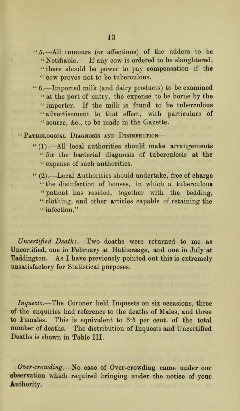 “ 5i—All tumours (or affections) of the udders to be “ Notifiable. If any cow is ordered to be slaughtered, “ there should be power to pay compensation if the “ cow proves not to be tuberculous. “ 6.—Imported milk (and daii'y products) to be examined “ at the port of entry, the expense to be borne by the “ importer. If the milk is found to be tuberculous “advertisement to that effect, with particulars of “ source, &c., to be made in the Gazette. “ Pathological Diagnosis and Disinfection— “ (1).—All local authorities should make arrangements “ for the bacterial diagnosis of tuberculosis at the “ expense of such authorities. “ (2).—Local Authorities should undertake, free of charge “the disinfection of houses, in which a tuberculous “ patient has resided, together with the bedding, “ clothing, and other articles capable of retaining the “ infection.” Uncertified Deaths.—Two deaths were returned to me as Uncertified, one in February at Hathersage, and one in July at Taddington. As I have previously pointed out this is extremely unsatisfactory for Statistical purposes. Inquests.—The Coroner held Inquests on six occasions, three of the enquiries had reference to the deaths of Males, and three to Females. This is equivalent to 3-6 per cent, of the total number of deaths. The distribution of Inquests and Uncertified Deaths is shown in Table III. Over-crowding.—No case of Over-crowding came under our observation which required bringing under the notice of your Authority. ,