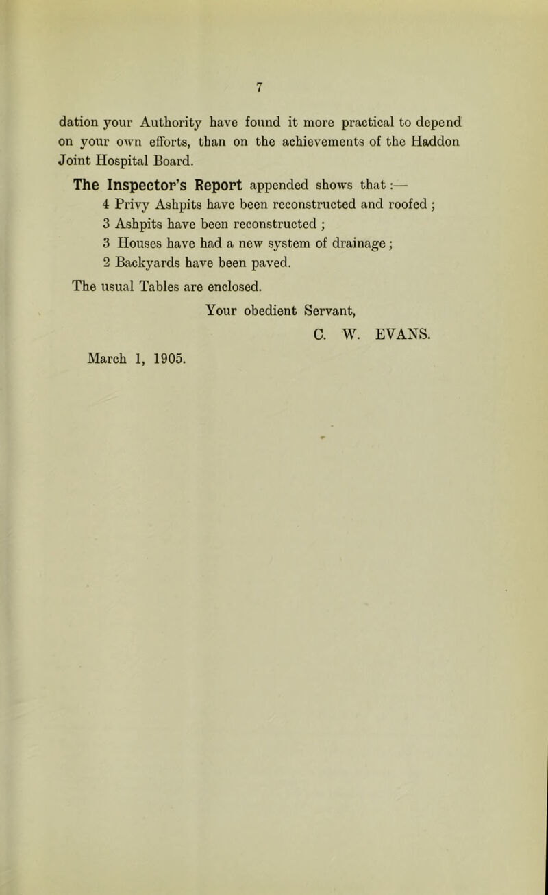 dation your Authority have found it more practical to depend on your own efforts, than on the achievements of the Haddon Joint Hospital Board. The Inspector’s Report appended shows that:— 4 Privy Ashpits have been reconstructed and roofed; 3 Ashpits have been reconstructed ; 3 Houses have had a new system of drainage; 2 Backyards have been paved. The usual Tables are enclosed. Your obedient Servant, C. W. EVANS. March 1, 1905.