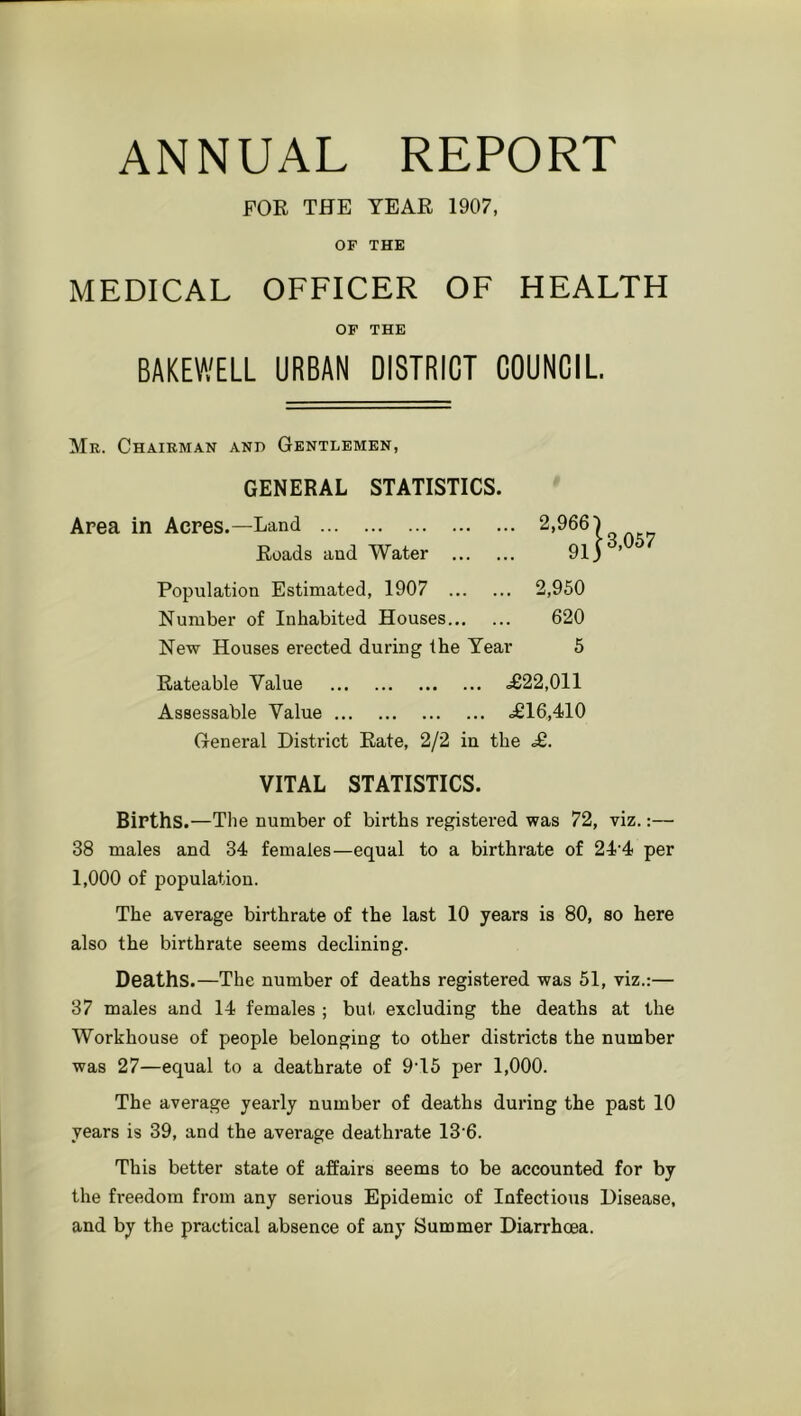 ANNUAL REPORT FOR THE YEAR 1907, OF THE MEDICAL OFFICER OF HEALTH OF THE BAKEWELL URBAN DISTRICT COUNCIL. Mr. Chairman and Gentlemen, GENERAL STATISTICS. Area in Acres.—Land 2,9 Roads and Water Population Estimated, 1907 2,950 Number of Inhabited Houses 620 New Houses erected during the Year 5 Rateable Value .£22,011 Assessable Value £16,410 General District Rate, 2/2 in the £. VITAL STATISTICS. Births.—The number of births registered was 72, viz.:— 38 males and 34 females—equal to a birthrate of 24'4 per 1,000 of population. The average birthrate of the last 10 years is 80, so here also the birthrate seems declining. Deaths.—The number of deaths registered was 51, viz.:— 37 males and 14 females ; but excluding the deaths at the Workhouse of people belonging to other districts the number was 27—equal to a deathrate of 9'15 per 1,000. The average yearly number of deaths during the past 10 years is 39, and the average deathrate 13’6. This better state of affairs seems to be accounted for by the freedom from any serious Epidemic of Infectious Disease, and by the practical absence of any Summer Diarrhoea.