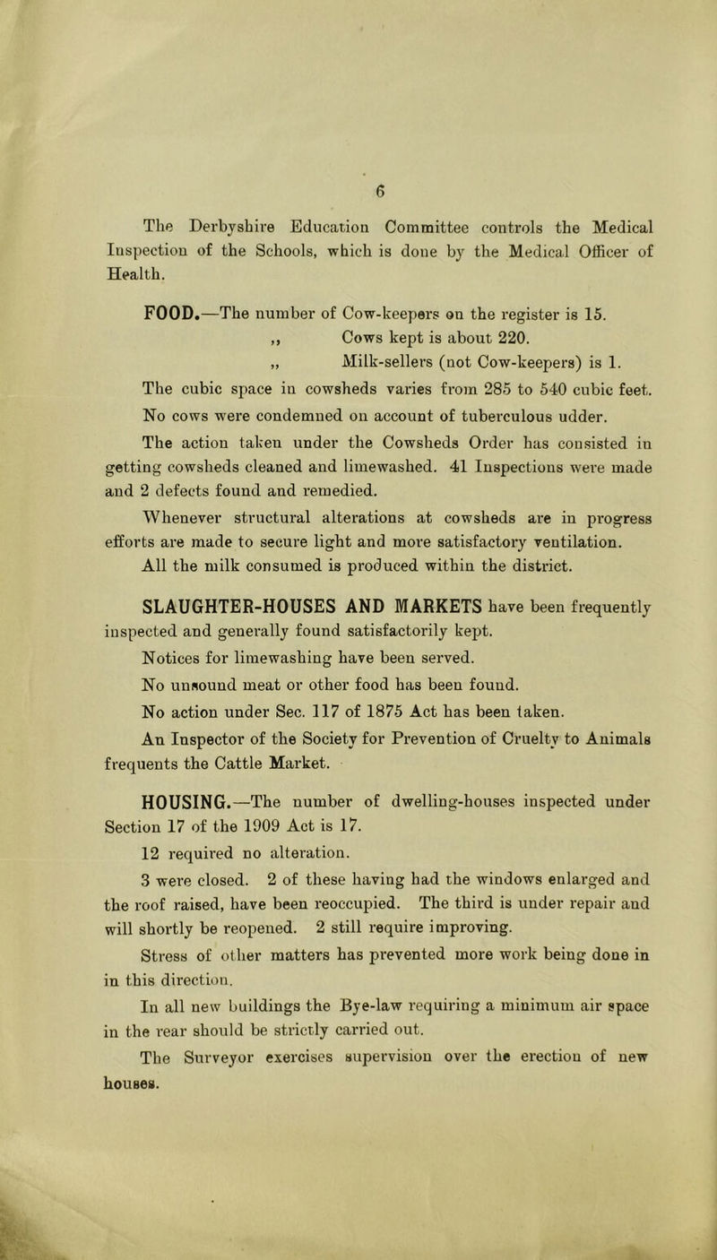 The Derbyshire Education Committee controls the Medical Inspection of the Schools, which is done by the Medical Officer of Health. FOOD.—The number of Cow-keepers on the register is 15. ,, Cows kept is about 220. „ Milk-sellers (not Cow-keepers) is 1. The cubic space in cowsheds varies from 285 to 540 cubic feet. No cows were condemned on account of tuberculous udder. The action taken under the Cowsheds Order has consisted in getting cowsheds cleaned and limewashed. 41 Inspections were made and 2 defects found and remedied. Whenever structural alterations at cowsheds are in progress efforts are made to secure light and more satisfactory ventilation. All the milk consumed is produced within the district. SLAUGHTER-HOUSES AND MARKETS have been frequently inspected and generally found satisfactorily ke2)t. Notices for limewashing have been served. No unsound meat or other food has been found. No action under Sec. 117 of 1875 Act has been taken. An Inspector of the Society for Prevention of Cruelty to Animals frequents the Cattle Market. HOUSING. —The number of dwelling-houses inspected under Section 17 of the 1909 Act is 17. 12 required no alteration. 3 were closed. 2 of these having had the windows enlarged and the roof raised, have been reoccuj)ied. The third is under repair and will shortly be reopened. 2 still require improving. Stress of other matters has prevented more work being done in in this direction. In all new buildings the Bye-law requiring a minimum air space in the rear should be strictly carried out. The Surveyor exercises supervision over the erection of new houses.