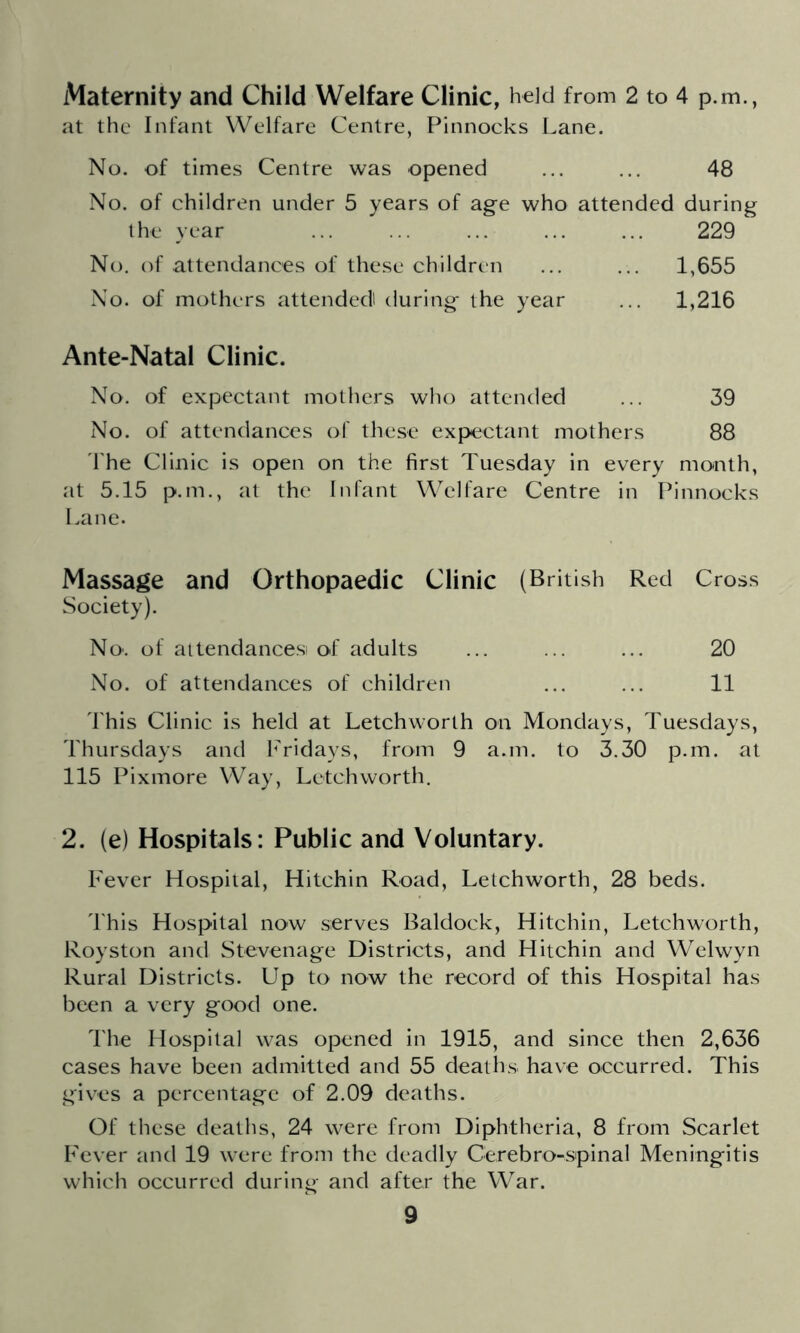 Maternity and Child Welfare Clinic, held from 2 to 4 p.m., at the Infant Welfare Centre, Pinnocks Lane. No. of times Centre was opened ... ... 48 No. of children under 5 years of age who attended during the year ... ... ... ... ... 229 No. of attendances of these children ... ... 1,655 No. of mothers attended during the year ... 1,216 Ante-Natal Clinic. No. of expectant mothers who attended ... 39 No. of attendances of these expectant mothers 88 'I'he Clinic is open on the first Tuesday in every month. at 5.15 p.m., at the Infant Welfare Centre in Pinnocks Lane. Massage and Orthopaedic Clinic (British Red Cross Society). No'. of attendances! of adults ... ... ... 20 No. of attendances of children ... ... 11 This Clinic is held at Letchworth on Mondays, Tuesdays, Thursdays and Fridays, from 9 a.m. to 3.30 p.m. at 115 Pixmore Way, Letchworth. 2. (e) Hospitals: Public and Voluntary. Fever Hospital, Hitchin Road, Letchworth, 28 beds. This Hospital now serves Baldock, Hitchin, Letchworth, Royston and Stevenage Districts, and Hitchin and Welwyn Rural Districts. Up to now the record of this Hospital has been a very good one. d'he Hospital was opened in 1915, and since then 2,636 cases have been admitted and 55 death.s have occurred. This gives a percentage of 2.09 deaths. Of these deaths, 24 were from Diphtheria, 8 from Scarlet Fever and 19 were from the deadly Cerebro-spinal Meningitis which occurred during and after the War.