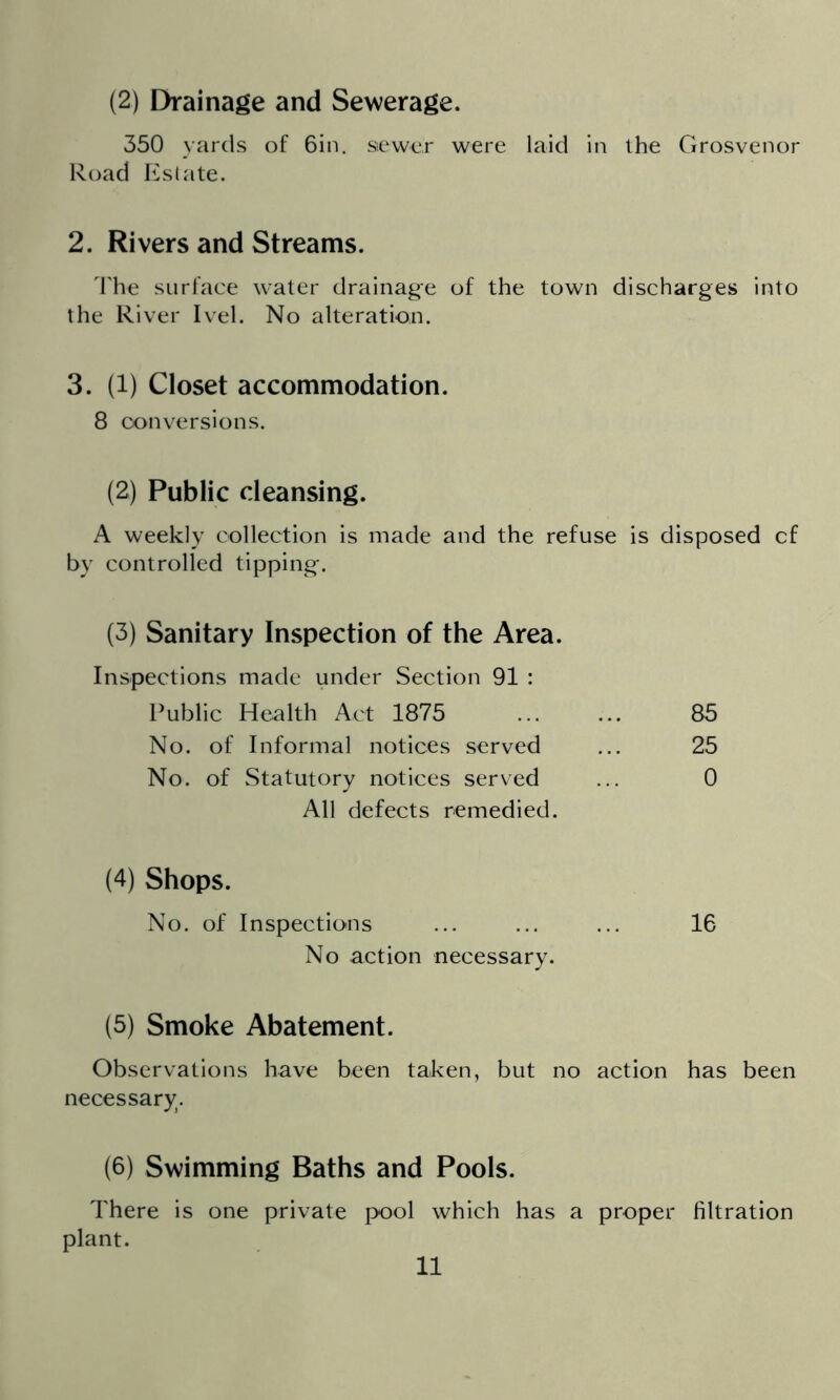 (2) Drainage and Sewerage. 350 yards of Gin. sewer were laid in the Grosvenor Road Iiislate. 2. Rivers and Streams. d'he surface water drainage of the town discharges into the River Ivel. No alteration. 3. (1) Closet accommodation. 8 conversions. (2) Public cleansing. A weekly collection is made and the refuse is disposed cf by controlled tipping. (3) Sanitary Inspection of the Area. Inspections made under Section 91 : Public Health Act 1875 No. of Informal notices served No. of Statutory notices served All defects remedied. 85 25 0 (4) Shops. No. of Inspections ... ... ... 16 No action necessary. (5) Smoke Abatement. Observations have been taken, but no action has been necessary. (6) Swimming Baths and Pools. There is one private pool which has a proper filtration plant.