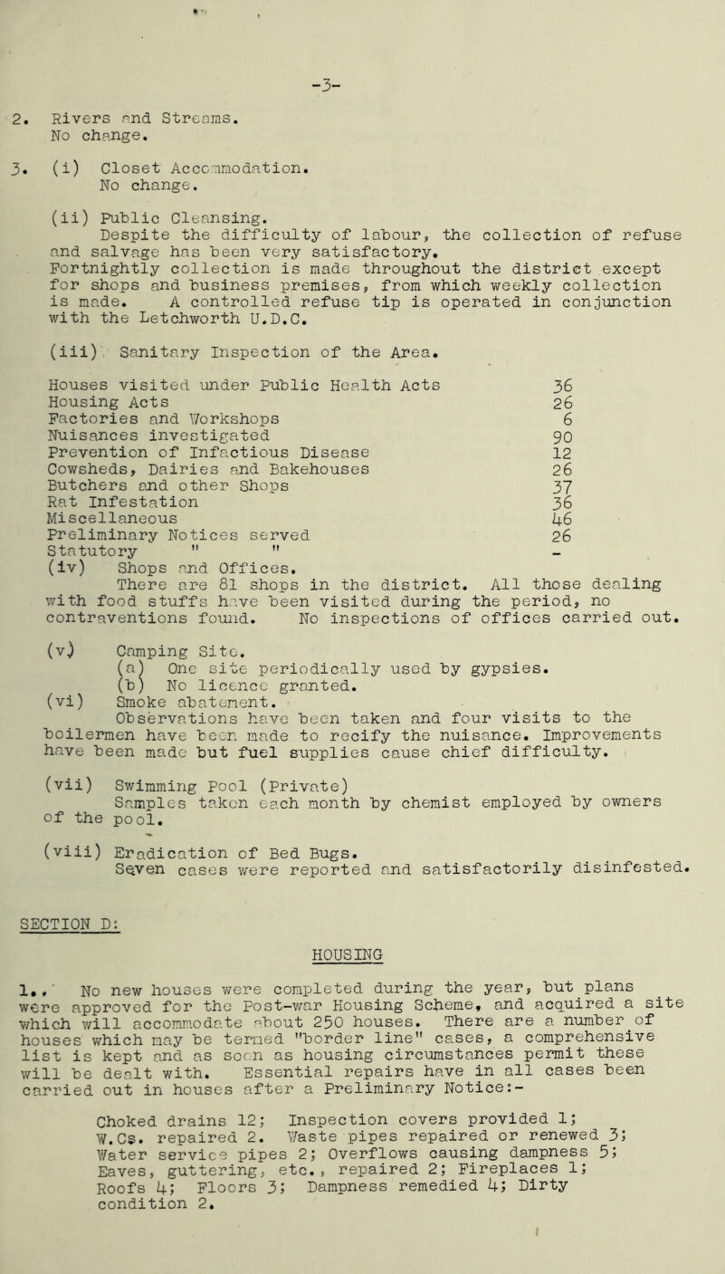 -3- 2. Rivers nnd Streams. No change. 3. (i) Closet Accommodation. No change. (ii) Puhlic Cleansing. Despite the difficulty of lahour, the collection of refuse and salvage has been very satisfactory. Fortnightly collection is made throughout the district except for shops and business premises, from which weekly collection is made, A controlled refuse tip is operated in conjunction with the Letchworth U.D.C. (iii) V Sanitary Inspection of the Area. Houses visited under Public Health Acts 36 Housing Acts 26 Factories and V/orkshops 6 Nuisances investigated 90 Prevention of Infactious Disease 12 Cowsheds, Dairies and Bakehouses 26 Butchers and other Shops 37 Rat Infestation 36 Miscellaneous I4.6 Preliminary Notices served 26 Statutory   (iv) Shops and Offices. There are 81 shops in the district. All those dealing with food stuffs have Been visited during the period, no contraventions found. No inspections of offices carried out, (v) Camping Site. (a) One site periodically used By gypsies. (B) No licence granted. (vi) Smoke aBatement. OBservations have Been taken and four visits to the Boilermen have Been made to recify the nuisance. Improvements have Been made But fuel supplies cause chief difficulty. (vii) Swimming Pool (Private) Samples taken each month By chemist employed By owners of the pool, (viii) Eradication of Bed Bugs. SQven cases were reported and satisfactorily disinfested. SECTION D: HOUSING 1.. ■ No new houses were completed during the year, But plans were approved for the Post-vmr Housing Scheme, and acquired a site v/hich will accomm.odate aBout 250 houses. There are a numBer^of houses which may Be termed Border line cases, a comprehensive list is kept and as soon as housing circumstances permit these will Be dealt with. Essential repairs have in all cases Been carried out in houses after a Preliminary Notice Choked drains 12; Inspection covers provided 1; W.Cs. repaired 2. ¥aste pipes repaired or renewed 3; V/ater service pipes 2; Overflows causing dampness 5> Eaves, guttering, etc., repaired 2; Fireplaces 1; Roofs 4; Floors 3; Dampness remedied 4; Dirty condition 2, I