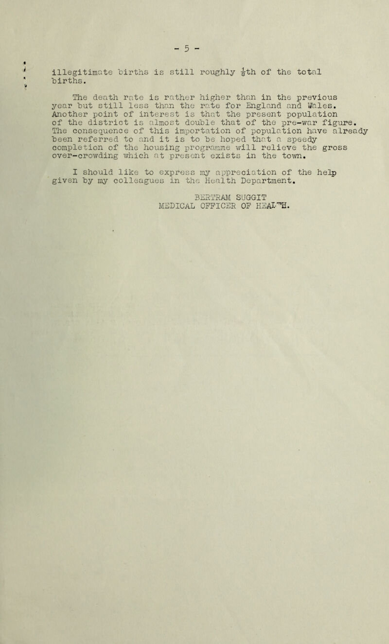 illegitimate births is still roughly -|th of the total hirths. The death rate is rather higher than in the previous year hut still less than the rate for England and Wales, Another point of interest is that the present population of the district is almost double that of the pre-war figure. The conseguence of this importation of population have already been referred to and it is to be hoped that a speedy completion of the housing programme will relieve the gross over-crowding which at present exists in the town, I should like to express my appreciation of the help given by my colleagues in the Health Department, BERTRAM SUGGIT MEDICylL OFFICER OF KEAl-'^H.