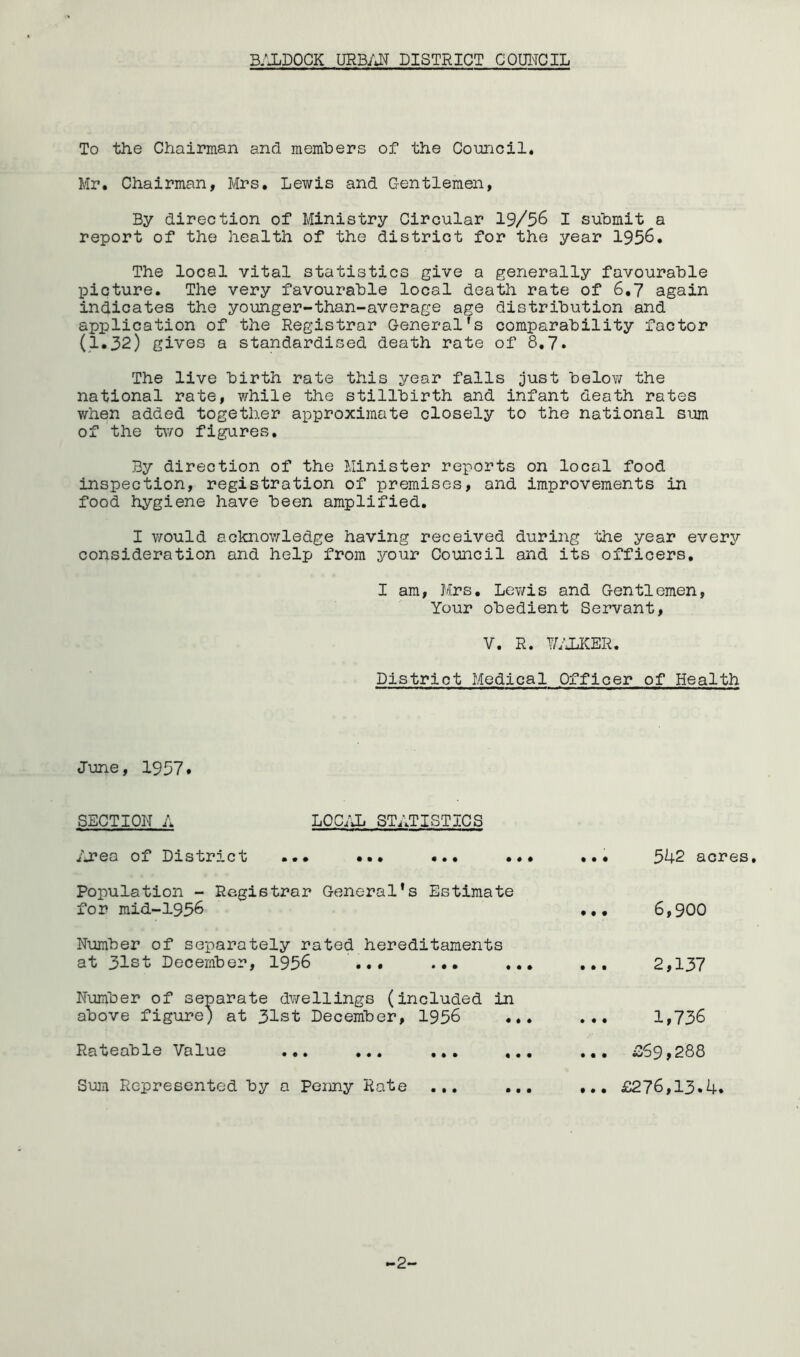 To the Chairman and memhers of the Council. Mr. Chairman, Mrs. Lewis and Gentlemen, By direction of Ministry Circular 19/56 I submit a report of the health of the district for the year 1956. The local vital statistics give a generally favourable picture. The very favourable local death rate of 6,7 again indicates the younger-than-average age distribution and application of the Registrar General's comparability factor (1*32) gives a standardised death rate of 8,7* The live birth rate this year falls just belov/ the national rate, while the stillbirth and infant death rates when added together approximate closely to the national sum of the two figures. By direction of the Minister reports on local food inspection, registration of premises, and improvements in food hygiene have been amplified. I would acknowledge having received during the year every consideration and help from your Council and its officers, I am, Mrs, Lev/is and Gentlemen, Your obedient Servant, V. R. V/JJCER. District Medical Officer of Health June, 1957. SECTION A LOC;j. STATISTICS /j?ea of District • # • 942 acres. Population - Registrar General's Estimate for mid-1996 ,,, 6,900 Number of separately rated hereditaments at 31st December, 1956 ... ... . Number of separate dwellings (included in above figure) at 31st December, 1956 Rateable Value ... ... ,., , ... 2,137 1,736 ... i369,288 Sum Represented by a Penny Rate ... £276,13.4. -2-