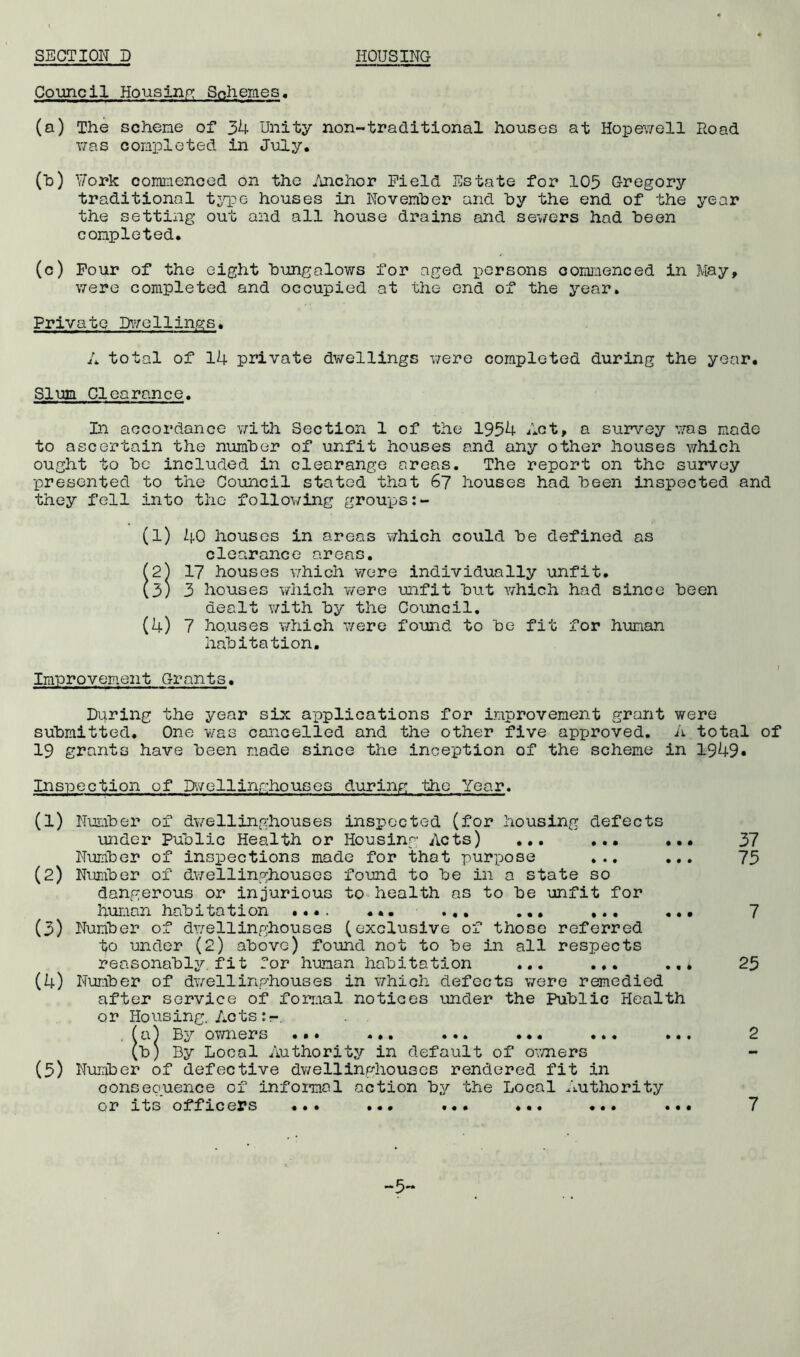 Council Housin.p; Snhernes. (a) The scheme of 34 Unity non-traditional houses at Hopev/ell Road v/as completed in July, (h) \7ork commenced on the u\nchor Field Estate for 105 Gregory traditional tjTpc houses in Novemher and hy the end of the year the setting out and all house drains and sewers had been completed. (c) Pour of the eight bungalows for aged x)ersons commenced in May, \7ere completed and occupied at the end of the year. Private Dv^ellings, A total of 14 private dwellings v/ere completed during the year. Slum Clearance. In accordance y;ith Section 1 of the 1954 Act, a survey was made to ascertain the number of unfit houses and any other houses vyhich ought to be included in clearange areas. The report on the survey presented to the Council stated that 6? houses had been inspected and they fell into the following groups (1) 40 houses in areas which could be defined as clearance areas. (2) 17 houses which V7ere individually unfit, (5) 3 houses which were unfit but v/hich had since been dealt with by the Council. (4) 7 houses v/hich y/ere found to be fit for human habitation. Improvement Grants. During the year six applications for improvement grant were submitted. One was cancelled and the other five approved. A total of 19 grants have been made since the inception of the scheme in 1949* Inspection of D\7ellinghouses during the Year. (1) Nuiiber of dwelling-houses inspected (for housing defects under Public Health or Housing Acts) ... ... ... Number of inspections made for that purpose ... ... (2) Number of dwellinghousos found to be in a state so dangerous or injurious to health as to be unfit for huiaan habitation .... ••• ... ... ... (3) Number of dwellinghouses (exclusive of those referred to under (2) above) found not to be in all respects reasonabl37. fit for human habitation ... ... (4) Number of dwellinghouses in v/'hich defects were remedied after service of formal notices under the Public Health or Housing. Acts (a) By Qv/ners .»» ... .»» ... ... (b) By Local Authority in default of o’Tners (5) Nuraber of defective dwellinghouses rendered fit in oonseouence of informal action by the Local Authority or xts offiLcers ... ... ... ... ... 37 75 7 25 2 7 -5-