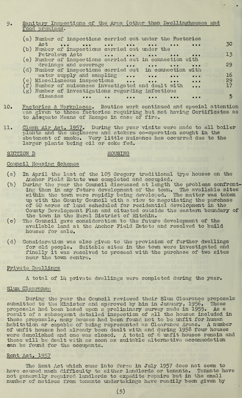 9 Sanitary Inspections of the Area (other than Dwellinjyho'uses and food premises. (a) Number of inspections carried out under the Factories A.C t ••• ••• •••. ••• (h) Nimiber of inspections carried out under the Petroleum Acts ... ... ... ... ... (c) Number of inspections carried out in connection with drainage and se\7erage ... ... ... ... (d) Number of inspections carried out in connection with water supply and sampling • • • « • • • • • • • • • • • • • • Miscellaneous inspections Number of nuisances investigated and dealt with Number of investigations regarding infectious dxseases ... .. ... ... ... • • • • • • 30 13 29 16 29 17 5 10. Factories & Workplaces. Routine work continued and special attention ^■as given to those factories requiring but not having Certifieates os to Adequate Means of Escape in case of fire. 11. Clean Air Act, 1957. During the year visits were made to all boiler plants and tlie engineers and stokers co-operation sought in the abatement of smoke. Very little nuisance has occurred due to the larger plants being oil or coke fed. SECTION D HOUSING- Councll Housing Schemes (a) In April the last of the 105 Gregory traditional type houses on the Anchor Field Estate was completed and occupied. (b) During the year the Council discussed at length the problems confront' ing them in any future development of the tov/n. The available sites v/ithin the town v/ere rapidly being developed. The matter was taken up v/ith the County Council v/ith a view to negotiating the purchase of 60 acres of land scheduled for residential development in the County Development Plan and situated outside the eastern boundary of the tovm in the Rural District of Hitchin. (o) The Council gave consideration to the future development of the available land at the /uichor Field Estate and resolved to build houses for sale, (d) Consideration v/as also given to the provision of further dwellings for old people. Suitable sites in the town were investigated and finally it was resolved to proceed with the purchase of two sites near the town centre. Private D\./ellings A total of 14 private dv/ellings were completed during the year. Slum Clearance During the year the Council reviewed their Slum Clearance proposals submitted to the Minister and approved by him in January, 1956. These proposals had been based upon a preliminary survey made in 1955. As a result of a subsequent detailed inspection of all the houses included in these proposals, many houses had been found not to be unfit for human habitation or capable of being represented as Clearance iVreas, A number of unfit houses had already been dealt v/ith and during 1958 four houses were demolished and one was closed. A total of 6 unfit houses remain and these will be dealt with as soon as suitable alternative accommodation can be found for the occupants. Rent Act, 1957 The Rent j\ct which came into force in July 1957 does not seem to have caused much difficulty to either landlords or tenants. Tenants have not generally required landlords to expedite repairs but in the small number of notices from tenants undertakings have readily been given by