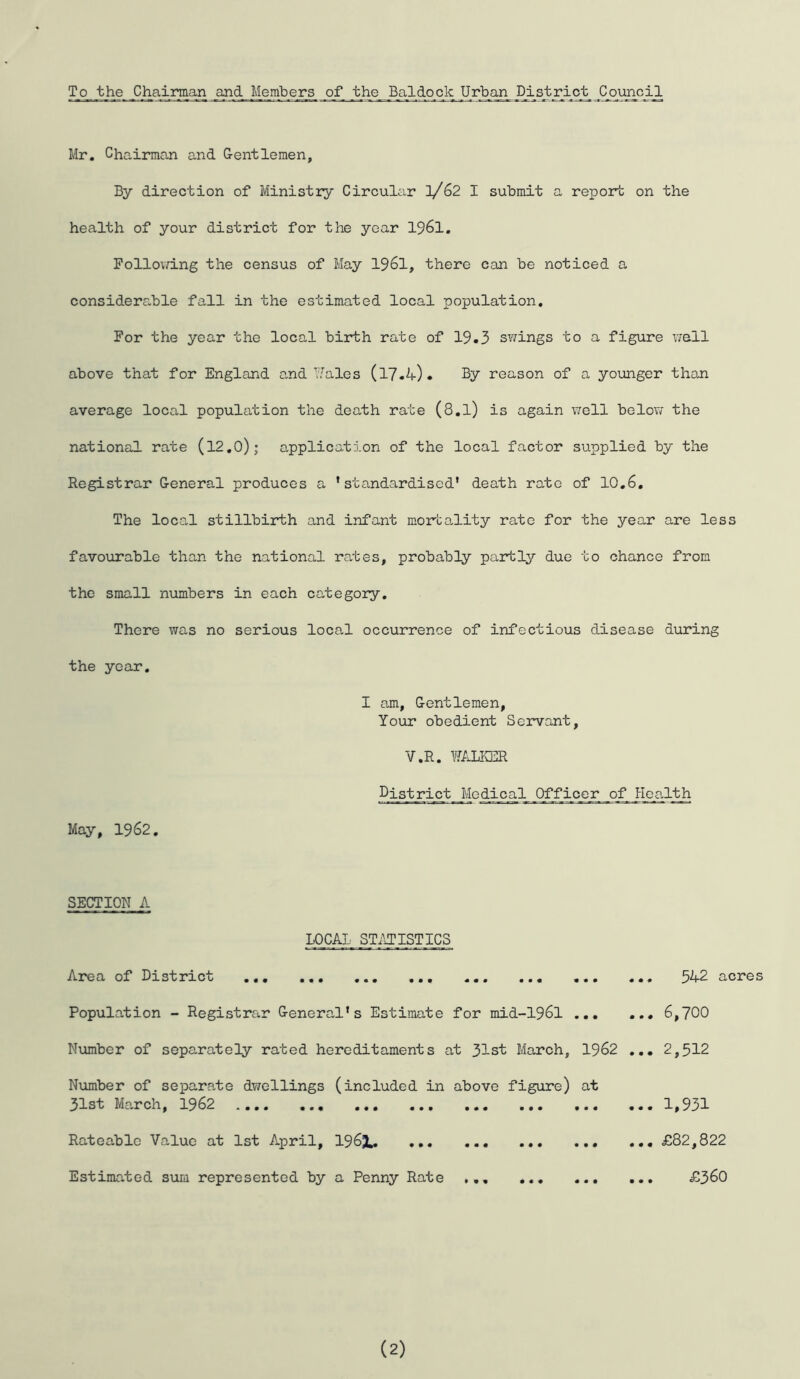 ^-0-jj\g. Members of the _B_aldock Urban District Couryil Mr, Chairman and Gentlemen, By direction of Ministry Circular l/62 I submit a report on the health of your district for the year 1961. Follovd.ng the census of May 1961, there can be noticed a considerable fall in the estimated local population. For the year the local birth rate of 19.3 SY/ings to a figure v/ell above that for England and Y'ales (l7.4). By reason of a younger than average local popultvbion the death rate (8,l) is again vrell belov/ the national rate (l2,0); application of the local factor supplied by the Registrar General produces a ’standardised’ death rate of 10,6, The local stillbirth and infant morto,lity rate for the year are less favourable than the national rates, probably partly duo to chance from the small numbers in each category. There was no serious local occurrence of infectious disease during the year, I am. Gentlemen, Your obedient Servant, V.R. VfALKER District Medical Officor _of^ j-^oa.lth May, 1962. SECTION A LOCAL STilTISTICS Area of District ,,, ... Population - Registrar General’s Estimate for mid-196l .,, Number of separately rated hereditaments at 31st March, 1962 Number of separate dwellings (included in above figure) at 31st March, 1962 .... Rateable Value at 1st April, 196X. Estimated sum represented by a Penny Rate ... ... ... ,.. 5^2 acres ... 6,700 ... 2,512 ... 1,931 ... £82,822 ... £360