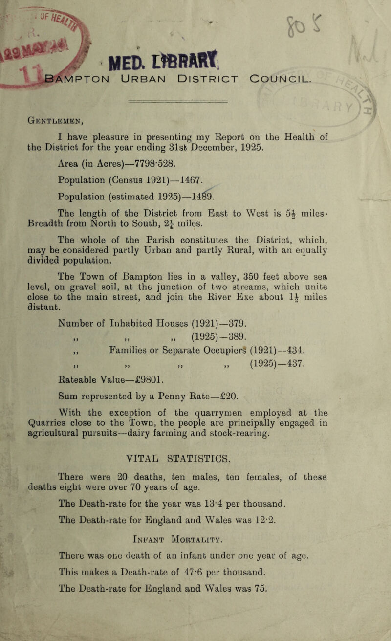 MEIX OBRART; .HAMPTON Urban District Council. Gentlemen, I have pleasure in presenting my Report on the Health of the District for the year ending 31st December, 1925. Area (in Acres)—7798*528. Population (Census 1921)—1467. Population (estimated 1925)—14^9. The length of the District from East to West is 5J miles- Breadth from North to South, 2J miles. The whole of the Parish constitutes the District, which, may be considered partly Urban and partly Rural, with an equally divided population. The Town of Bampton lies in a valley, 350 feet above sea level, on gravel soil, at the junction of two streams, which unite close to the main street, and join the River Exe about 1| miles distant. Number of Inhabited Houses (1921)—379. „ „ „ (1925)-389. ,, Families or Separate Occupiers (1921)—434. „ „ „ „ (1925)-437. Rateable Value—£9801. Sum represented by a Penny Rate—£20. With the exception of the quarrymen employed at the Quarries close to the Town, the people are principally engaged in agricultural pursuits—dairy farming and stock-rearing. VITAL STATISTICS. There were 20 deaths, ten males, ton females, of these deaths eight were over 70 years of age. The Death-rate for the year was 13*4 per thousand. The Death-rate for England and Wales was 12*2. Infant Mortality. There was one death of an infant under one year of age. This makes a Death-rate of 47*6 per thousand. The Death-rate for England and Wales was 75.