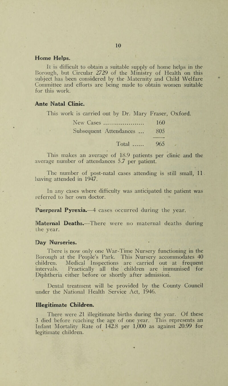 Home Helps. It is difficult to obtain a suitable supply of home helps in the ISorough, but Circular 2729 of the Ministry of Health on this subject has been considered by the Maternity and Child Welfare Committee and efforts are being made to obtain women suitable for this work. Ante Natal Clinic. This work is carried out by Dr. Mary Fraser, Oxford. New Cases 160 Subsequent Attendances ... 805 Total 965 , This makes an average of 18.9 patients per clinic and the average number of attendances 5.7 per patient. The number of post-natal cases attending is still small, 11 having attended in 1947. In any cases where difficulty was anticipated the patient was referred to her own doctor. Puerperal Pyrexia.—4 cases occurred during the year. Maternal Deaths.—There were no maternal deaths during I he year. Day Nurseries. There is now only one War-Time Nursery functioning in the Borough at the People’s Park. This Nursery accommodates 40 children. Medical Inspections are carried out at frequent intervals. Practically all the children are immunised for Diphtheria either before or shortly after admission. Dental treatment will be provided by the County Council under the National Health Service Act, 1946. Illegitimate Children. There were 21 illegitimate births during the year. Of these .5 died before reaching the age of one year. This represents an Infant Mortality Rate of 142.8 per 1,000 as against 20.99 for legitimate children.