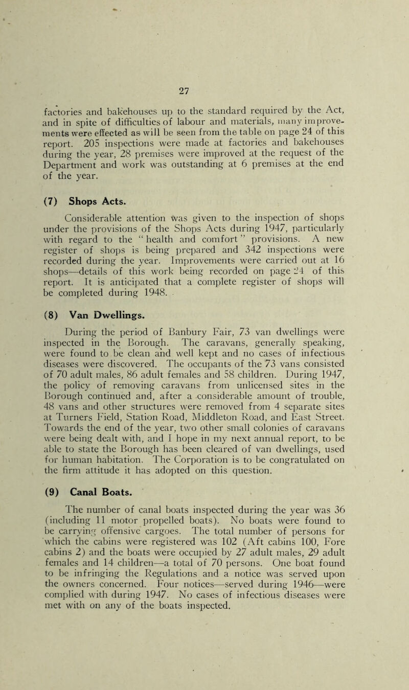 factories and bakehouses up to the standard required by the Act, and in spite of difficulties of labour and materials, many improve- ments were effected as will be seen from the table on pa_e 24 of this report. 205 inspections were made at factories and bakehouses during the year, 28 premises were improved at the request of the Department and work was outstanding at 6 premises at the end of the year. (7) Shops Acts. Considerable attention was given to the inspection of shops under the provisions of the Shops Acts during 1947, particularly with regard to the “ health and comfort ” provisions. A new register of shops is being prepared and 342 inspections were recorded during the year. Improvements were carried out at 16 shops—details of this work being recorded on page 24 of this report. It is anticipated that a complete register of shops will be completed during 1948. (8) Van Dwellings. During the period of Banbury Fair, 73 van dwellings were inspected in the Borough. The caravans, generally speaking, were found to be clean and well kept and no cases of infectious diseases were discovered. The occupants of the 73 vans consisted of 70 adult males, 86 adult females and 58 children. During 1947, the policy of removing caravans from unlicensed sites in the Borough continued and, after a considerable amount of trouble, 48 vans and other structures were removed from 4 separate sites at Turners Field, Station Road, Middleton Road, and East Street. Towards the end of the year, two other small colonies of caravans were being dealt with, and I hope in my next annual report, to be able to state the Borough has been cleared of van dwellings, used for human habitation. The Corporation is to be congratulated on the firm attitude it has adopted on this question. (9) Canal Boats. The number of canal boats inspected during the year was 36 (including 11 motor propelled boats). No boats were found to be carrying offensive cargoes. The total number of persons for which the cabins were registered was 102 (Aft cabins 100, Fore cabins 2) and the boats were occupied by 27 adult males, 29 adult females and 14 children—a total of 70 persons. One boat found to be infringing the Regulations and a notice was served upon the owners concerned. Four notices—served during 1946—were complied with during 1947. No cases of infectious diseases were met with on any of the boats inspected.