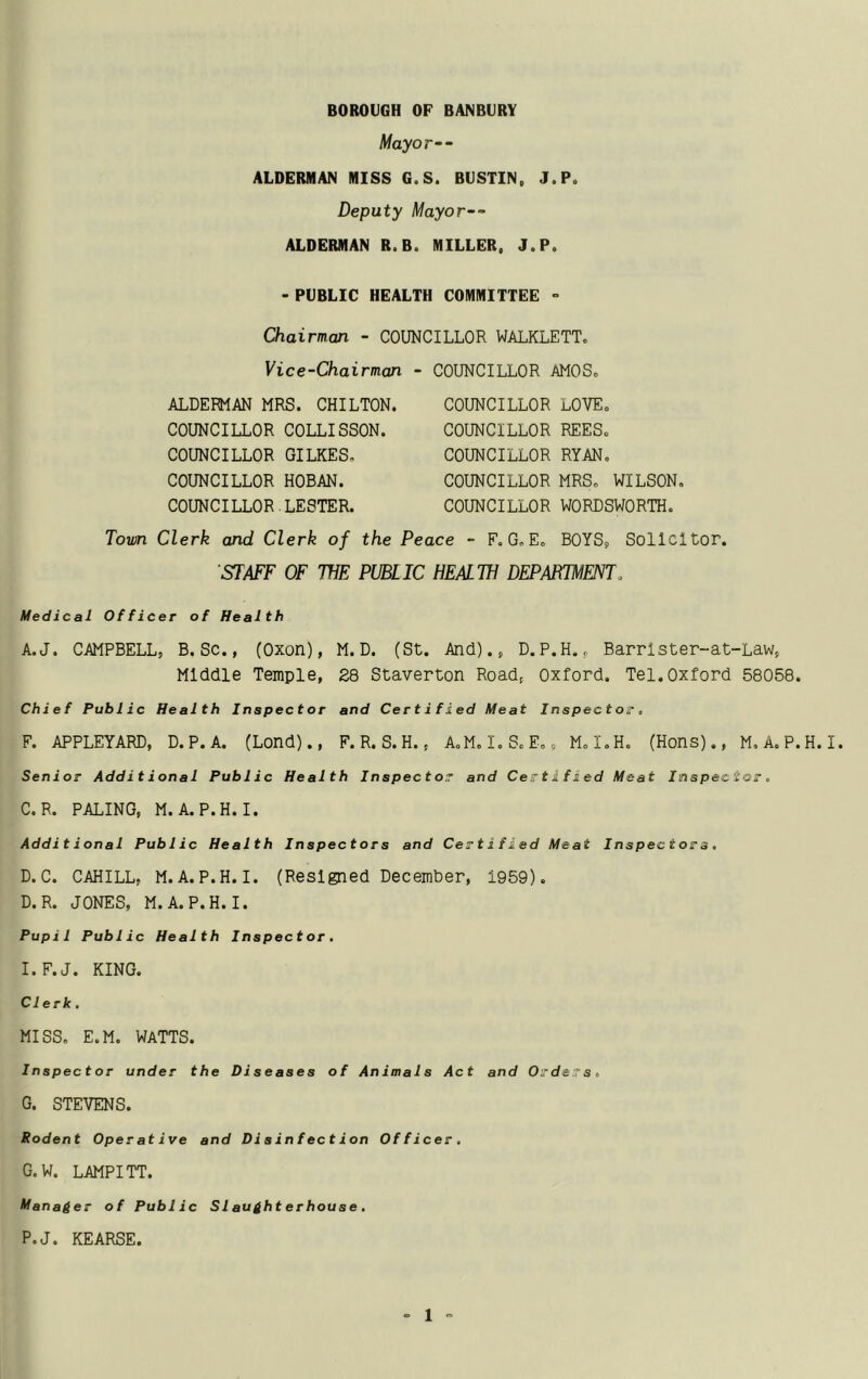 BOROUGH OP BANBURY Mayor-- ALDERMAN MISS G.S. BUSTIN, J.P. Deputy Mayor-- ALDERMAN R.B. MILLER, J,P, -PUBLIC HEALTH COMMITTEE ■» Chairman - COUNCILLOR WALKLETT. Vice-Chairman - COUNCILLOR AMOSo ALDERMAN MRS. CHILTON. COUNCILLOR COLLISSON. COUNCILLOR GILKES, COUNCILLOR HOBAN. COUNCILLOR LESTER. COUNCILLOR LOVEo COUNCILLOR REESc COUNCILLOR RYAN, COUNCILLOR MRS, WILSON, COUNCILLOR WORDSWORTH, F, G,E, BOYS, Solicitor. Toun Clerk and Clerk of the Peace - STAFF OF THE PUBLIC HEALTH DEPABJMENT. Medical Officer of Health A.J. CAMPBELL, B.Sc., (Oxon), M.D. (St. And)., D.P.H., Barrlster-at-Law, Middle Temple, 28 Staverton Road, Oxford. Tel.Oxford 58058. Chief Public Health Inspector and Certified Meat Inspector, F. APPLEYARD, D.P. A. (Lond)., F. R. S. H., A,M, I,S, E,, M,I,H. (Hons)., M. A, P.H. I. Senior Additional Public Health Inspector and Certified Meat Inspector ^ C. R. PALING, M.A. P.H.I. Additional Public Health Inspectors and Certified Meat Inspectors. D. C. CAHILL, M.A. P.H. I. (Resigned December, 1959). D.R. JONES, M.A. P.H. I. Pupil Public Health Inspector. I.F.J. KING. Clerk, MISS, E.M, WATTS. Inspector under the Diseases of Animals Act and Orders. G. STEVENS. Rodent Operative and Disinfection Officer. G.W. LAMPITT. Manager of Public Slaughterhouse. P.J. KEARSE.