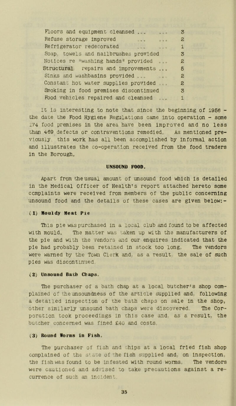 Floors and equipment cleansed „ ..o 3 Refuse storage improved ... 2 Refrigerator redecorated 1 Soap, towels and nailbrushes provided 3 Notices re ''washing hands” provided ... 2 Structural repairs and improvements ... 5 Sinks and washbasins provided .... . 2 Constant hot water supplies provided 2 Sir'Oking in food premises discontinued 3 Food vehicles repaired and cleansed ... 1 It Is interesting to note that since the beginning of 1956 - the date the Food Hygiene Regulations came into operation - some 174 food premises In the area have been Improved and no less than 469 defects or contraventions remedied. As mentioned pre- viously this work has all been accomplished by Informal action and Illustrates the co-operation received from the food traders in the Borough. UNSOUND POOD. Apart from the usual amount of unsound food which Is detailed in the Medical Officer of Health’s report attached hereto some complaints were received from members of the public concerning unsound food and the details of these cases are given below:- i 1) Mouldy Meat Pie This pie was purchased in a local club and found to be affected with mould. The matter was taken up with the manufacturers of the pie and with the vendors and our enquires indicated that the pie had probably been retained in stock too long. The vendors were warned by the Town Clerk and. as a result the sale of such pies was discontinued. iZ) Unsound Bath Chaps. The purchaser of a bath chap at a local butcher's shop com- plained of theuns'oundness of the article supplied and, following a detailed inspection of the bath chaps on sale in the shopt other similarly unsound bath chaps were discovered The Cor- poration took proceedings In this case and; as a result, the butcher concerned was fined £40 and costs, (3) Round Worms in Fish. The purchaser of fish and chips at a local fried fish shop complained of the state of 'he fish supplied and, on inspection, the fish was found to be infested with round worms. The vendors were cautioned and adtlsed to take precautions against a re- currence of such an Incident.