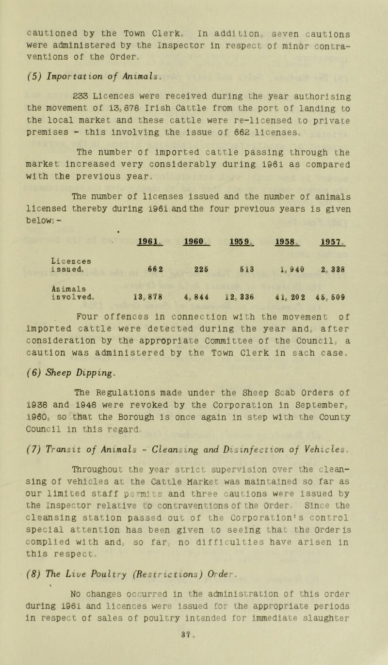 cautioned by the Town Clerk:„ In addition;, seven cautions were administered by the Inspector in respect of minor contra- ventions of the Ordero (5) Importation of Animals, 233 Licences were received during the year authorising the movement of 13^878 Irish Cattle from the port of landing to the local market and these cattle were re-licensed to private premises - this involving the issue of 662 llcenses„ The number of imported cattle passing through the market Increased very considerably during 1961 as compared with the previous year. The number of licenses Issued and the number of animals licensed thereby during 1961 and the four previous years is given be lows “ 1961 1960 1959 1958 1957 Licences i ssued„ 662 225 513 1. 940 2p 338 Animals in volvedo 13„878 4„ 844 12. 336 4 Ip 20 2 45p 509 Four offences in connection with the movement of Imported cattle were detected during the year and^ after consideration by the appropriate Committee of the Councils a caution was administered by the Town Clerk In each case„ (6) Sheep Dipping, The Regulations made under the Sheep Scab Orders of 1938 and 1948 were revoked by the Corporation in Septembers 1960s so that the Borough is once again In step with the County Council in this regard. (7) Transit of Animals = Cleansing and Disinfection of Vehicles, Throughout the year strict supervision over the clean- sing of vehicles at the Cattle Market was maintained so far as our limited staff pounics and three cautions were Issued by the Inspector relative to contraventions of the Order. Since the cleansing station passed out of the Corporation's control special attention has been given to seeing that the Order is complied with ands so far. no difficulties have arisen in this respect. (8) The Live Poultry (Restrictions) Order, No Changes occurred in the administration of this order during 1961 and licences were Issued for the appropriate periods in respect of sales of poultry Intended for immediate slaughter 37o