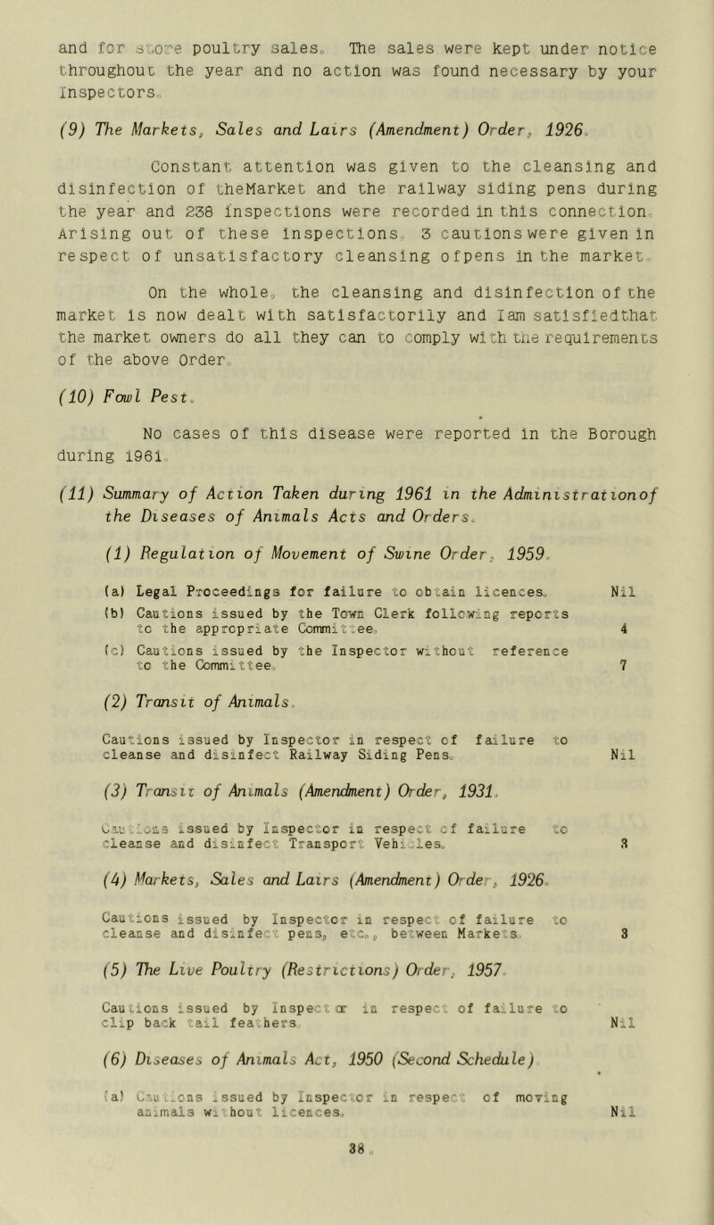 and for 3':.o:r-e poultry saleso The sales were kept under notice throughout the year and no action was found necessary by your Xnspectorso (9) The Markets, Sales and Lairs (Amendment) Order, 1926> Constant attention was given to the cleansing and disinfection of theMarket and the railway siding pens during the year and 238 Inspections were recorded In this connection Arising out of these Inspections, 3 cautlonswere given In respect of unsatisfactory cleansing ofpens in the market. On the wholes the cleansing and disinfection of the market Is now dealt with satisfactorily and lam satlsfledthat the market owners do all they can to comply with tne requirements of the above Order^ (10) Fowl Pest. No cases of this disease were reported in the Borough during 1961o (11) Summary of Action Taken during 1961 in the Administrationof the Diseases of Animals Acts and Orders. (1) Regulation of Movement of Swine Order, 1959. (a) Legal Proceedings for failure to obtain licences,, (b) Cautions issued by the Town Clerk following reports to the appropriate Committee, (c) Cautions issued by the Inspector without reference to the Committee, (2) Transit of Animals. Cautions issued by Inspector in respect of failure to cleanse and disinfect Railway Siding Pens, Nil (3) Tran^ii of Animals (Amendment) Order, 1931. Cau'.ioas issued by Inspector in respect cf failure to cleanse and disinfect Transport Vehi,les„ 3 Markets, Sales and Lairs (Amendment) Order, 1926. Cautions issued by Inspector in respect of failure to cleanse and disinfect pens, eZc., between Markets 3 (5) The Live Poultry (Restrictions) Order, 1957. Cautions issued by Inspector in respect of failure to clip back tail feathers. Nil (6) Diseases of Animals Act, 1950 (Second Schedule) ?a! G’uU :,>cns issued by Inspector in respect of moving animals w* rhout licences,, Nil Nil 4 7