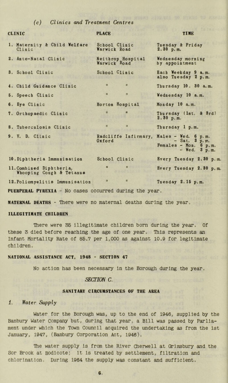 (c) Clinics and Treatment Centres CLINIC PLACE 1. Maternity & Child Welfare Clinic School Clinic Warwick Road 2. Ante-Natal Clinic Neithrop Hospital Warwick Road 3. School Clinic School Clinic 4. Child Guidance Clinic   5. Speech Clinic   6. Eye Clinic Horton Hospital 7. Orthopaedic Clinic   TIME Tuesday & Friday 2.30 p. m. Wednesday morning by appointment Each Weekday 9 a„ m. also Tuesday 2 p. m. Thursday 10. 30 a. m. Wednesday 10 a.m. Monday 10 a.m, Thursday (1st. & 3rd) 2.30 p„ m. 8. Tuberculosis Clinic Thursday 1 p. m, 9. V. D„ Clinic 10oDiphtheria Immunisation Radcliffe Infirmary, Males - Wed* 6 p. mo Oxford - Sat. 3 p. ip. Females - Mon. 6 p.m. - Wed. 3 poin, School Clinic Every Tuesday 2.30 p.m. lloCombined Diphtheria,  15 Every Tuesday 2,80 p.m. Whooping Cough & Tetanus 12,Poliomyelitis Immunisation  11 Tuesday 2,15 p.m. PUERPERAL PYREXIA ~ No cases occurred during the year. maternal deaths = There were no maternal deaths during the year, ILLEGITIMATE CHILDREN There were 35 Illegitimate children born during the year. Of these 3 died before reaching the age of one year. This represents an Infant Mortality Rate of 85.7 per 1,000 as against 10.9 for legitimate children. NATIONAL ASSISTANCE ACT, 1948 - SECTION 47 No action has been necessary in the Borough during the year, SECTION Co SANITARY CIRCUMSTANCES OF THE AREA 1. Water Supply Water for the Borough was, up to the end of 1946, supplied by the Banbury Water company but, during that year, a Bill was passed by Parlia- ment under which the Town Council acquired the undertaking as from the 1st January, 1947, (Banbury Corporation Act, 1946). The water supply is from the River Cherwell at Grlmsbury and the Sor Brook at Bodlcote; It is treated by settlement, filtration and chlorination. During 1964 the supply was constant and sufficient.