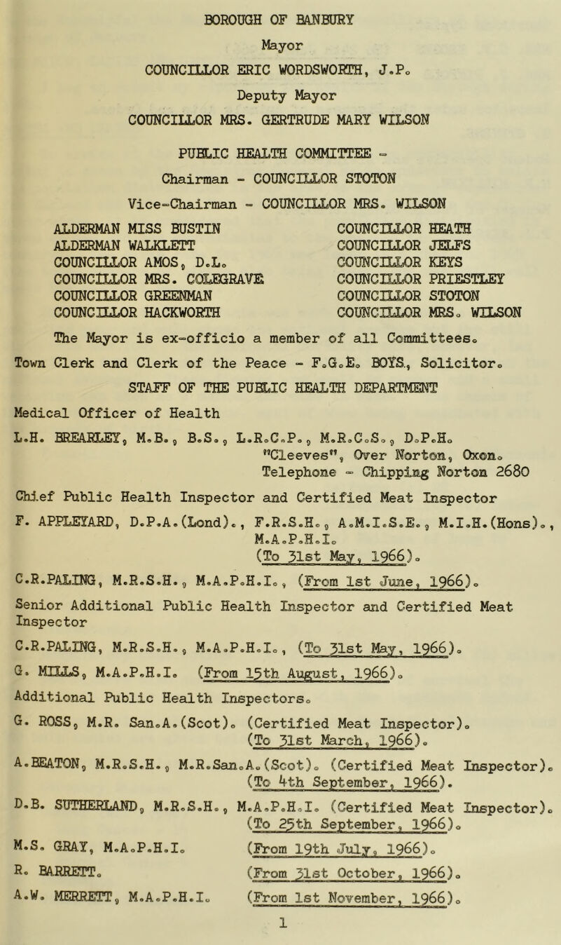 Mayor COUNCILLOR ERIC WORDSWORTH, J.Po Deputy Mayor COUNCILLOR MRS. GERTRUDE MARY WILSON PUBLIC HEALTH COMMITTEE « Chairman - COUNCnXOR STOTON Vice==Chairman - COUNCILLOR MRS. WILSON ALDERMAN MISS BUSTIN ALDERMAN WALKLETT COUNCILLOR AMOSj D.Lo COUNCILLOR MRS. COIEGRAVE COUNCILLOR GREENMAN COUNCILLOR HACKWORTH COUNCILLOR HEATH COUNCILLOR JELFS COUNCILLOR KEYS COUNCIILOR PRIESTLEY COUNCILLOR STOTON COUNCILLOR MRSo WILSON The Mayor is ex-officio a member of all Committees» Town Clerk and Clerk of the Peace - FoGoEo BOYS, Solicitoro STAFF OF THE PUBLIC HEALTH DEPARTMENT Medical Officer of Health L.H. BREARLEY, M.B. g B.S. ^ L.RoC.P. ^ M.RsCoSo DoPoHo ”Cleeves”, Over Norton, Qxono Telephone - Chipping Norton 2680 Chi-ef Public Heailth Inspector and Certified Meat Inspector F. APPLEYARD, D.P.A.(Lond)., F.R.S.H., A.M.I.S.E. ^ M.I.H.(Hons)o M.A.P.H.Io (To 31st May, 1966)0 C.R.Paling, M.R.S.H.9 M.A.P.H.Io, (From 1st June, 1966)0 Senior Additional Public Health Inspector and Certified Meat Inspector C.R.PALING, M.R.S.H., M.A.P.H.Ic, (To 31st May, I966). Q. MILLS, M.A.P.H.I. (From 13th August, 1966)0 Additional Public Health Inspectorso G. ROSS, M.R, SanoA.(Scot)o (Certified Meat Inspector)® (To 31st March, 1966). A.BEATON, M.R.S.H.5 M.R.SanoA®(Scot)® (Certified Meat Inspector) (To 4th September, I966). SUTHERLAND, M.R.S.H., M.A.P.HoI. (Certified Meat Inspector) (To 23th September, 1966)0 (From 19th July, 1966)® (From 31st October, 1966)0 (From 1st November, 1966)0 M.S. GRAY, M.AoP.H.Io R. BARRETT. A.W. MERRETT, M.A.P.H.I®