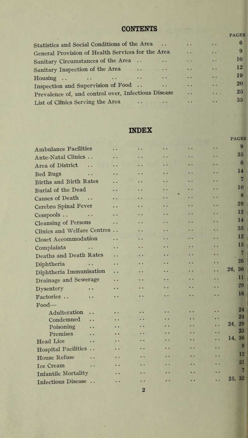 CONTENTS Statistics and Social Conditions of the Area General Provision of Health Services for the Area Sanitary Circumstances of the Area Sanitary Inspection of the Area Housing Inspection and Supervision of Food Prevalence of, and control over, Infectious Disease Fist of Clinics Serving the Area INDEX Ambulance Facilities Ante-Natal Clinics .. Area of District Bed Bugs Births and Birth Rates Burial of the Dead Causes of Death Cerebro Spinal Fever Cesspools .. Cleansing of Persons Clinics and Welfare Centres Closet Accommodation Complaints Deaths and Death Rates Diphtheria Diphtheria Immunisation Drainage and Sewerage Dysentery Factories Food— Adulteration .. Condemned Poisoning Premises Head Dice Hospital Facilities .. House Refuse Ice Cream Infantile Mortality Infectious Disease ..